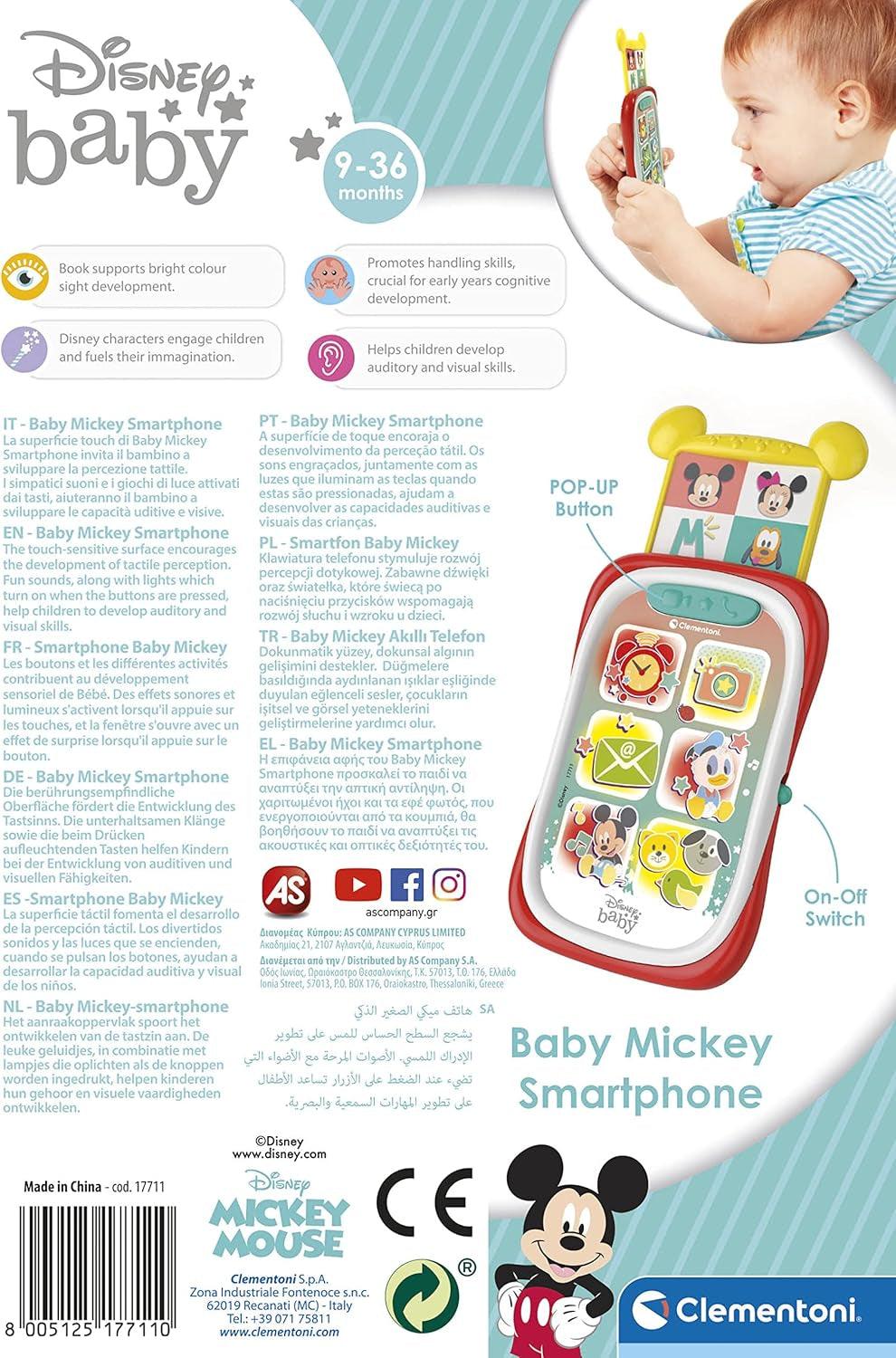 Clementoni 17711 Disney Baby Baby Mickey Smartphone, Barnmobil med ljus- och ljudeffekter, Interaktiv leksak för barn 9-36 månader, M, Flerfärgad Bebe Toys Naty Shop