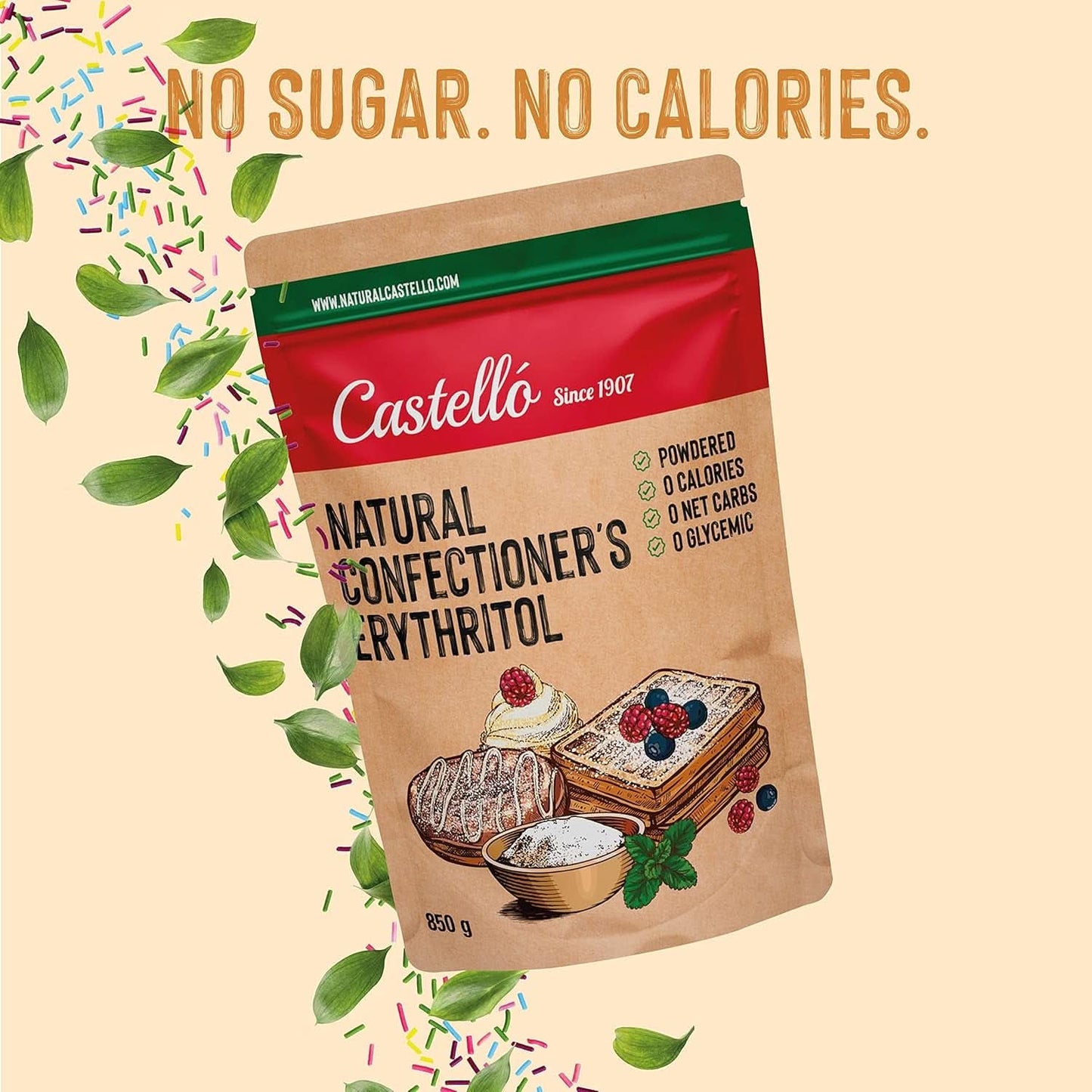 Naturlig erytritol - florsocker | 10G = 7G socker, 850 gram Sweeteners Naty Shop