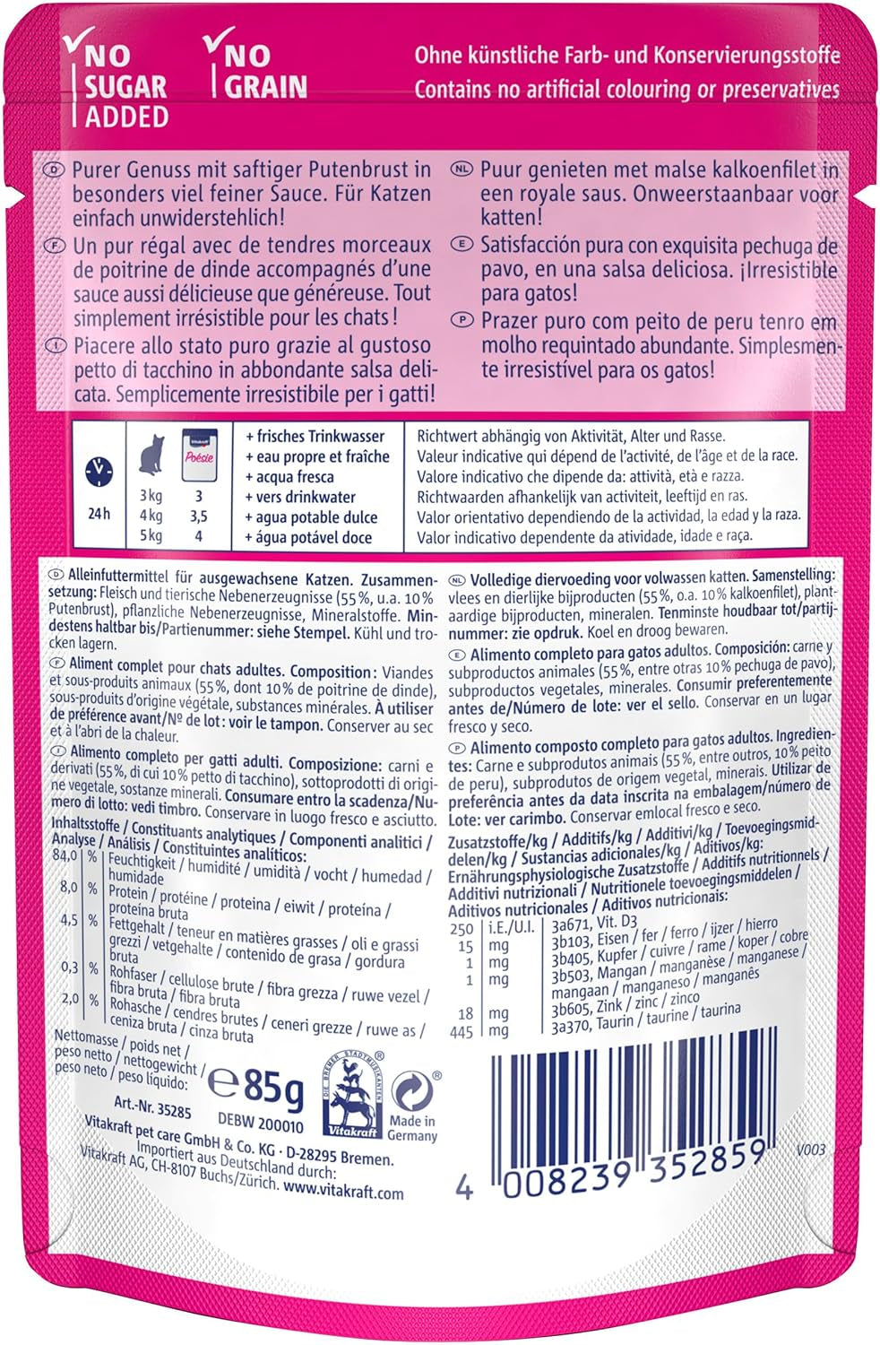 Vitakraft Poésie Délice, våt kattmat, kattmat i sås, med kalkon, bulkförpackning, utan tillsatt socker eller spannmål (23 x 85g)