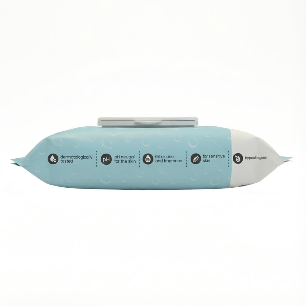 Kindii Water Care Wet Wipes - Aqua Baby Wipes - 100% Viskos, 99,9% Vatten, Grapefruktextrakt, Scarf Storlek 150x200, 100% biologiskt nedbrytbar, plastfria, rengöringsservetter för känslig hud