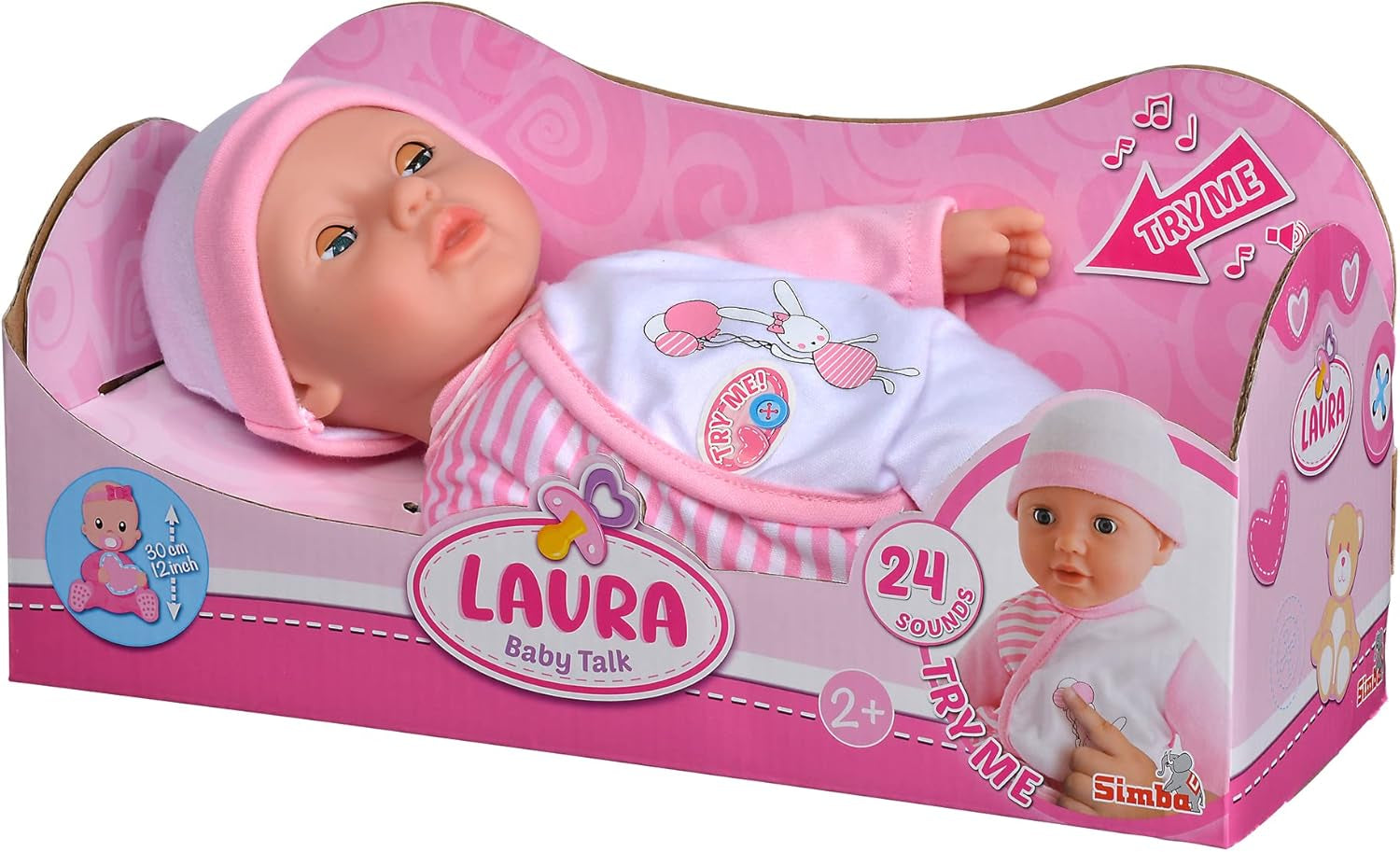 Simba 105140020 - My Love Baby Talk, mjuk kroppsdocka med sömniga ögon i en söt jumpsuit, gör 24 babyljud, 30 cm, docka för barn från 2 år