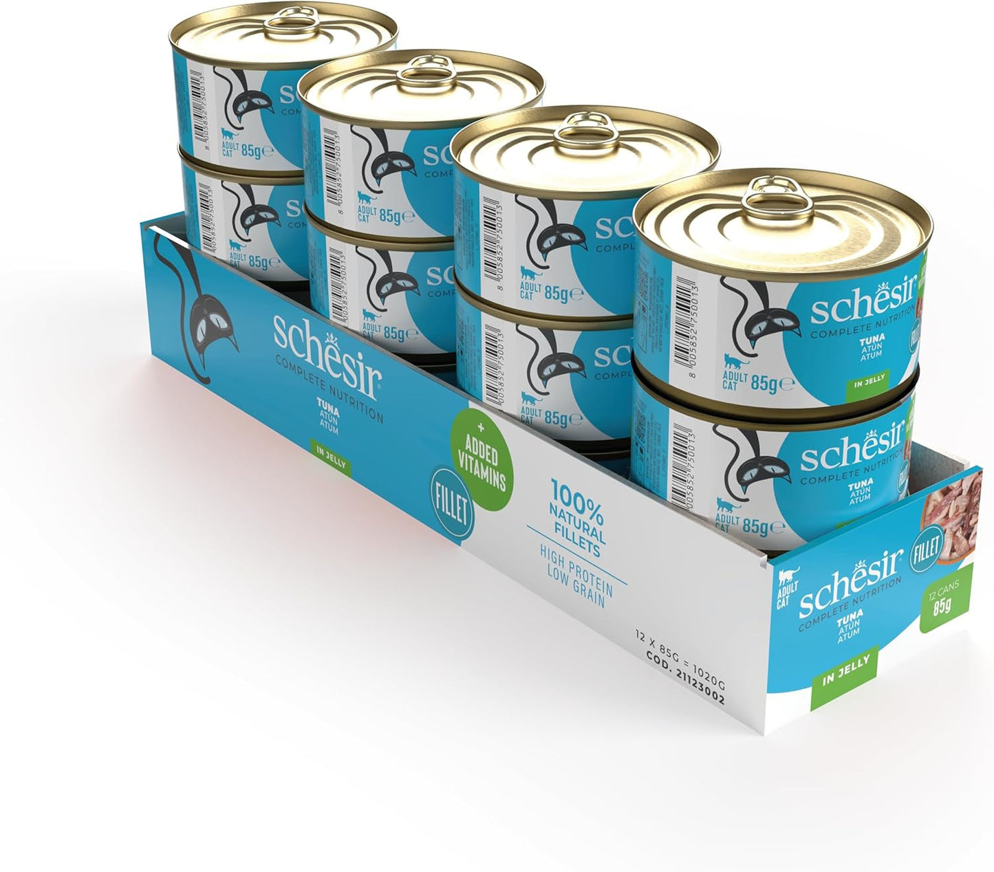 Tonfisk i gelé, våt kattmat, konserverad, 100% naturlig, med tillsatta vitaminer, 12 x 85g