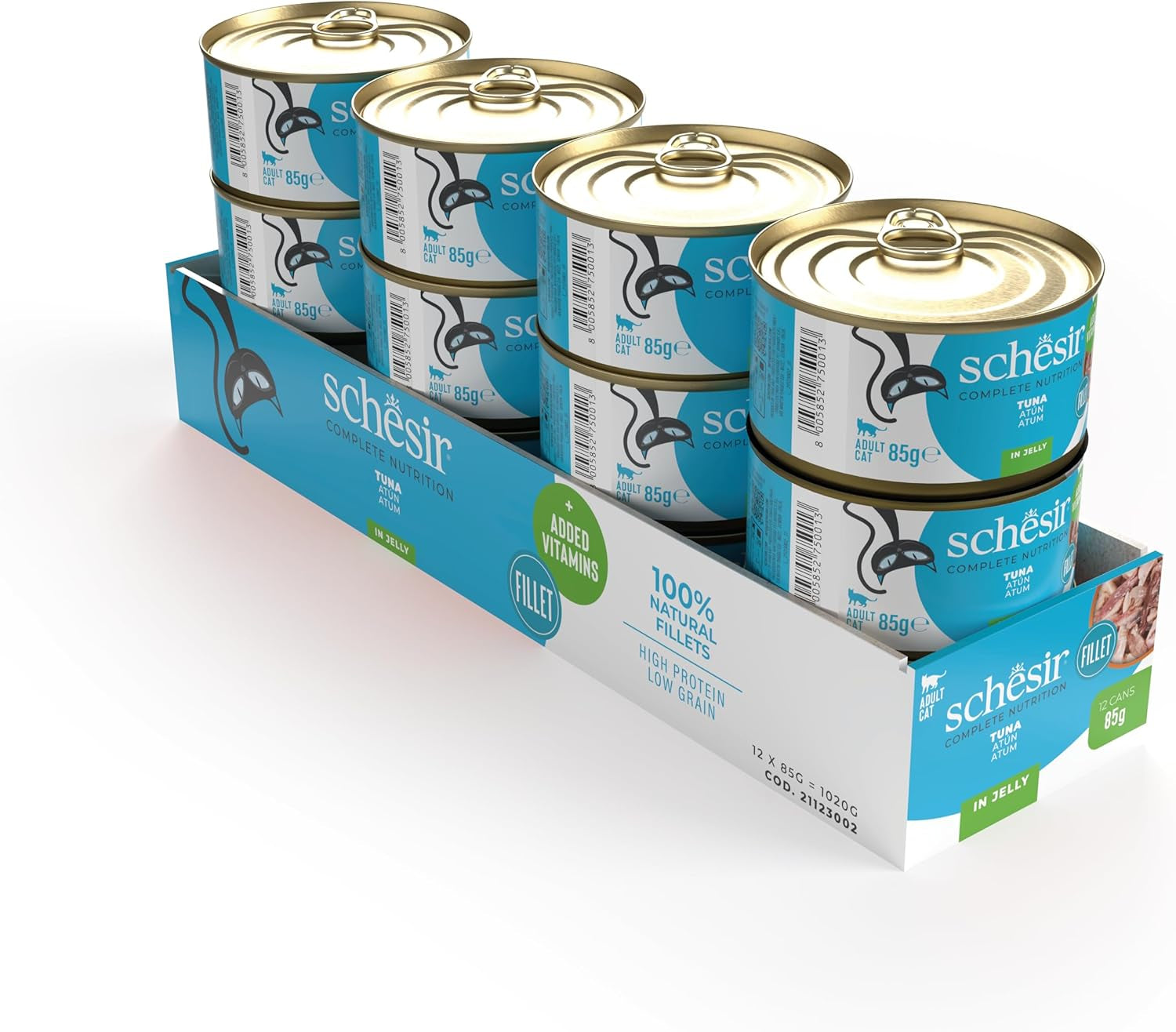 Tonfisk i gelé, våt kattmat, konserverad, 100% naturlig, med tillsatta vitaminer, 12 x 85g