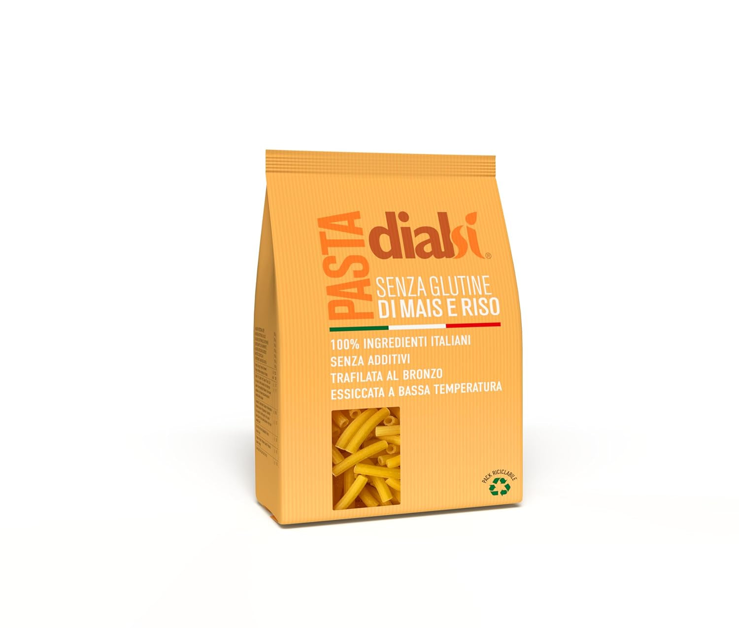 Dialsi stjärnformad pasta, glutenfri majs- och rispasta, bronseldad, 100 % italienska ingredienser, inga tillsatser, tillagas på 8-9 minuter, 300g förpackning