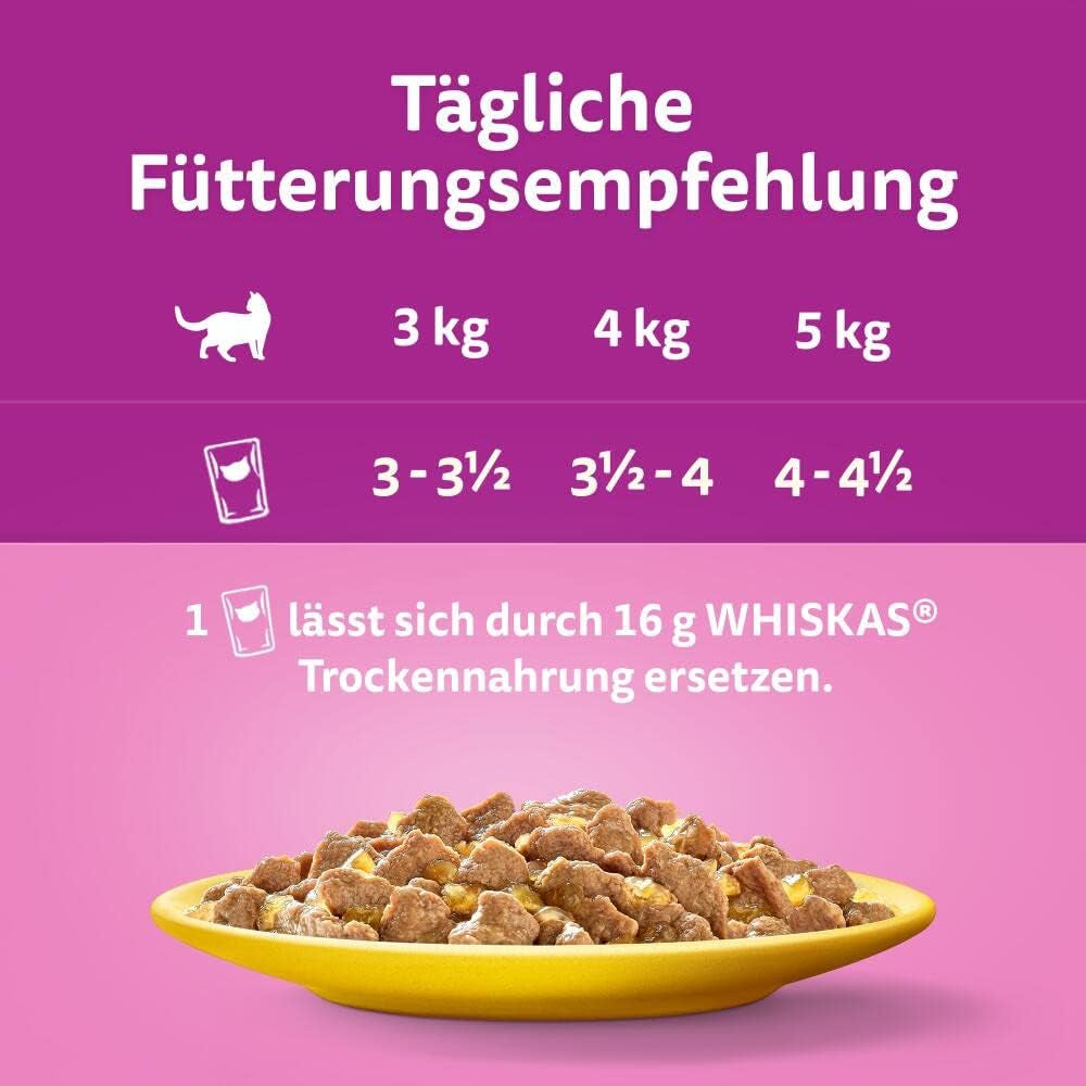 Whiskas 1+ våtfoder för katter med kyckling i gelé, 28x85g (1 förpackning) - Högkvalitativt våtfoder för vuxna katter i 28 portionspåsar