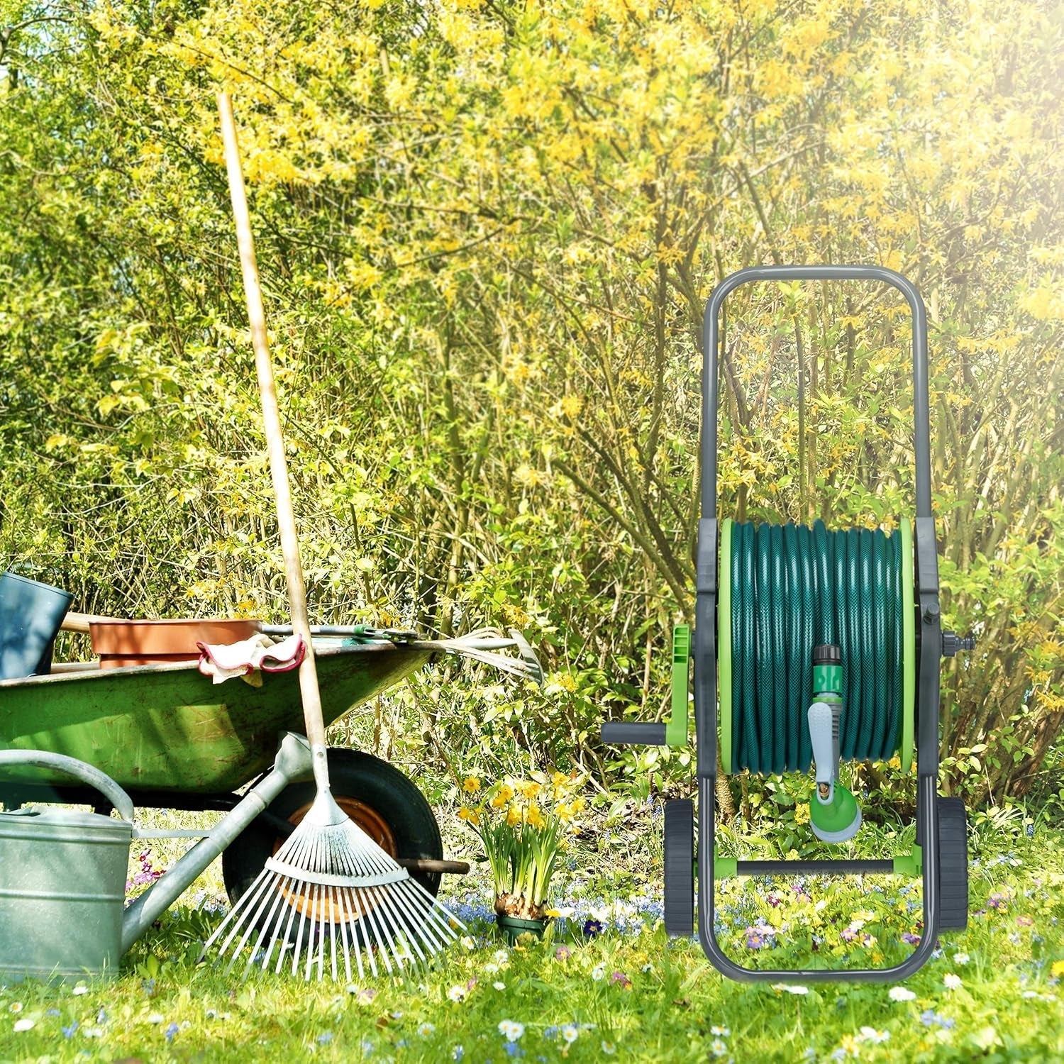 Relaxdays slangvagn 45m 1/2" Vattenslangrulle Trädgård 82,5 x 43 x 34cm Grågrön