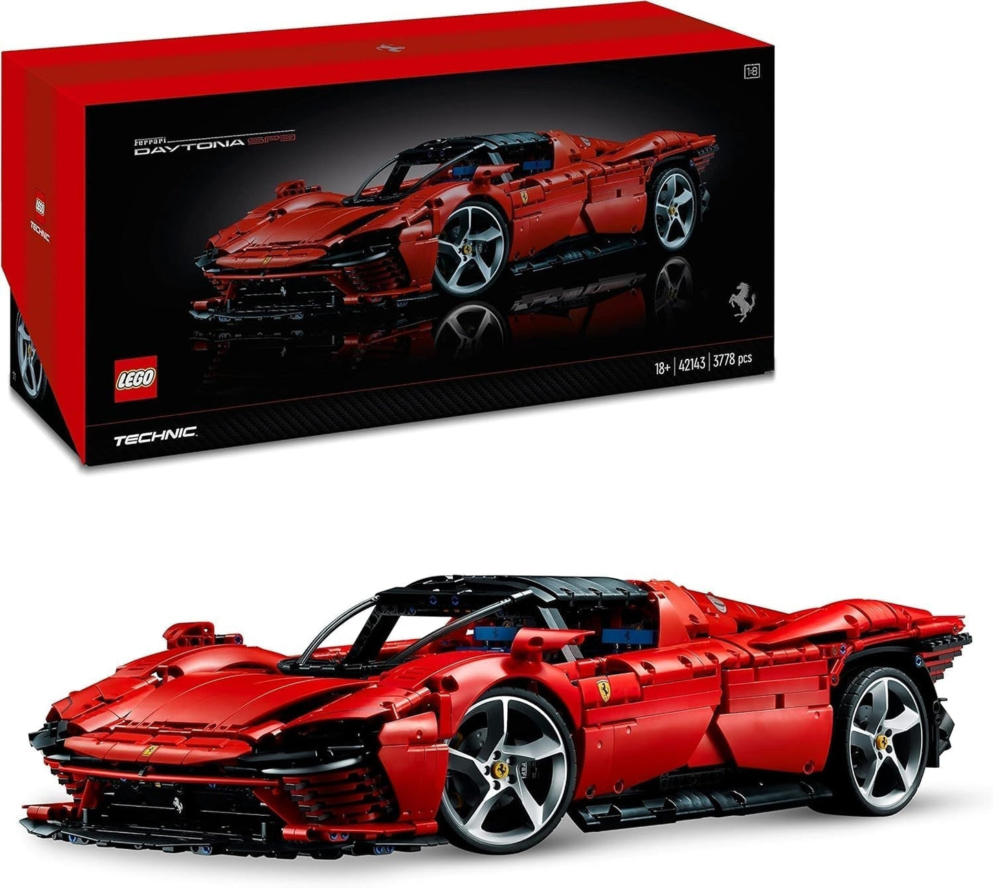 LEGO Technic Ferrari Daytona SP3 modellsats 1:8 skala, röd supersportbil, utökad bilmodell samlarobjekt, Ultimate Car Concept 42143 Byggset Besuche den LEGO-Store Single