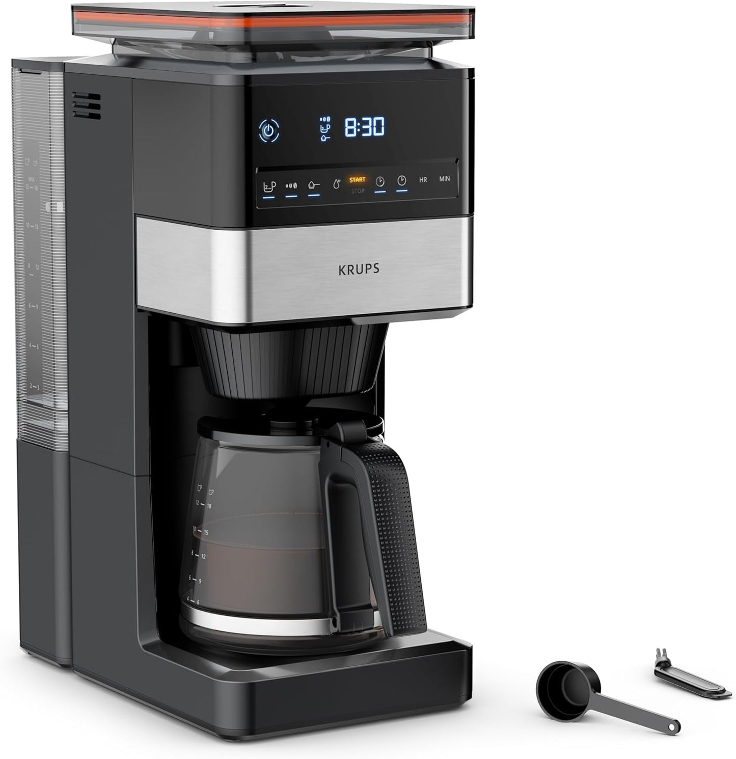 KRUPS Grind Aroma XL Espressobryggare, löstagbar konisk kvarn, Digital kontrollpanel, XL Kapacitet (1,5 L), Håll varm funktion, Glaskaraff, Svart/rostfritt stål, KM842810