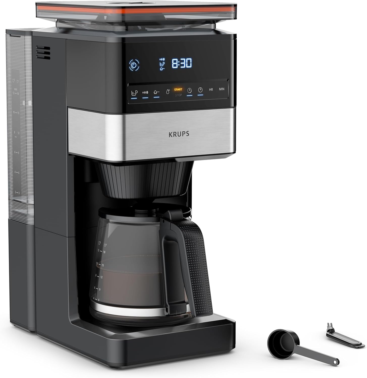 KRUPS Grind Aroma XL Espressobryggare, löstagbar konisk kvarn, Digital kontrollpanel, XL Kapacitet (1,5 L), Håll varm funktion, Glaskaraff, Svart/rostfritt stål, KM842810