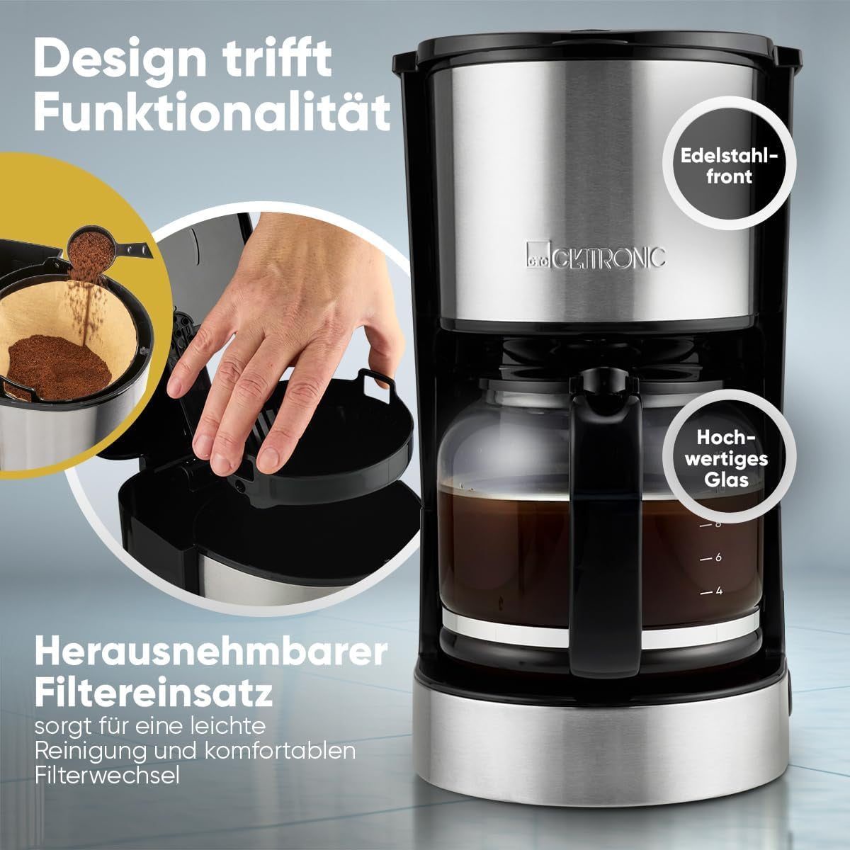 Kaffeespressomaskin med Clatronic®-filter | för 12-14 koppar | Kaffeespressomaskin med filter | Fodral i rostfritt stål | Anti-dropp | Espresso | Kaffeespressomaskin med filter | 800W | KA 3808