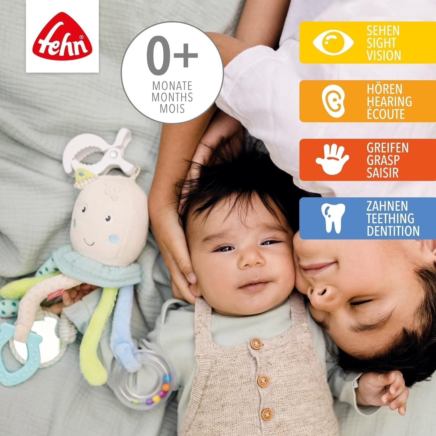 Fehn Octopus Activity Toy - Baby Motor Skills Leksak för barnvagnar och ljusa starter, Oball, Rattle Toy med gripbollar för promenader, Interactive Baby Toy Bebe Toys Naty Shop