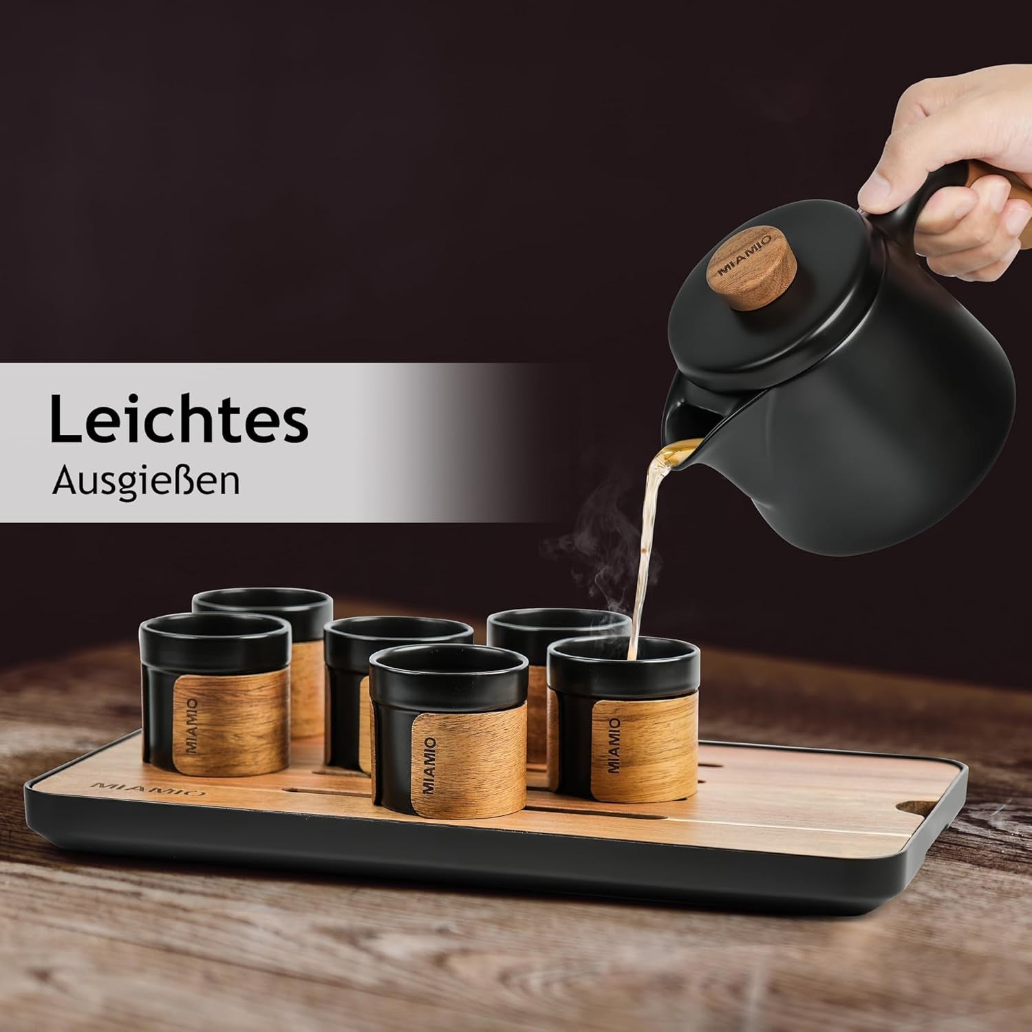 MIAMIO - Japansk/kinesiskt teservis 6 x 100 ml / asiatisk tekanna 620 ml med teinfuserare, traditionell japansk tekanna för teälskare/män/kvinnor (svart)
