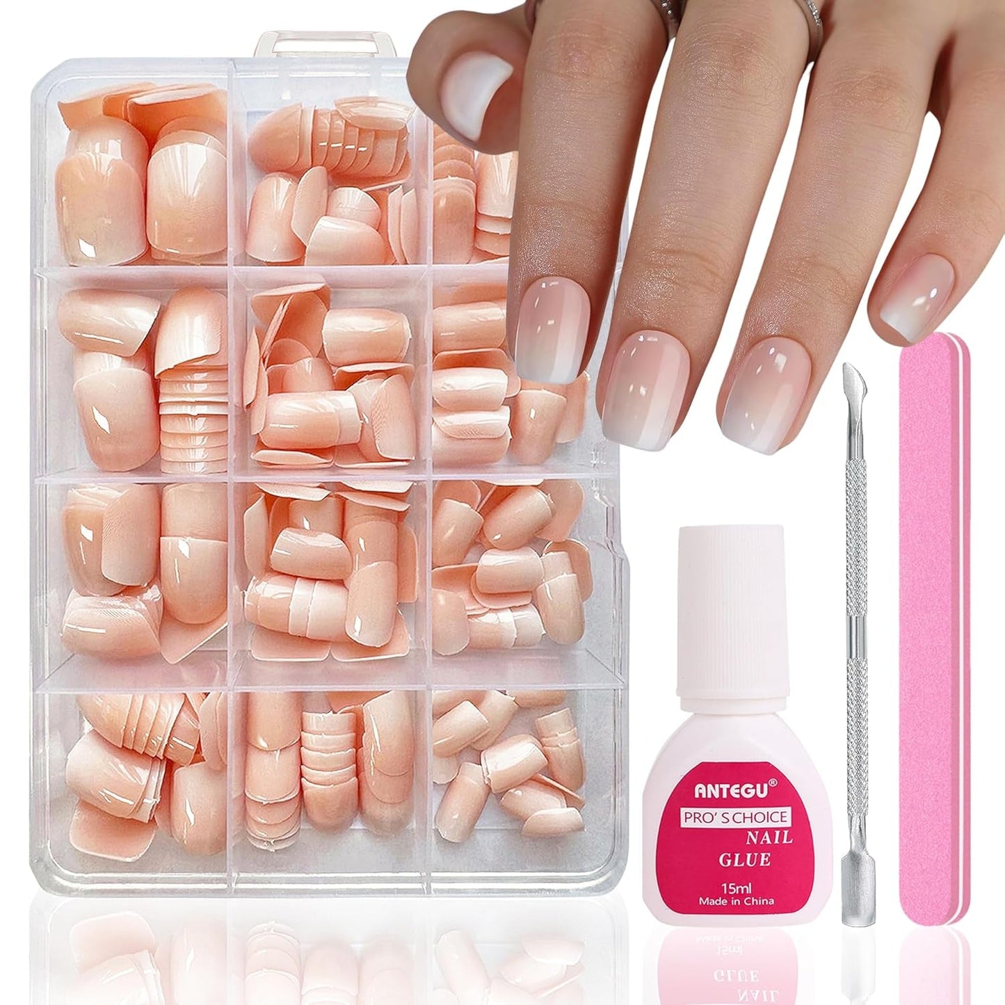 False Nails Set - 240 st Korta fyrkantiga naglar Soft Gel Model Naken Vit Gradient Fake Natural Lime On Fake Nails For Women DIY (Nude Gradient, 240X)