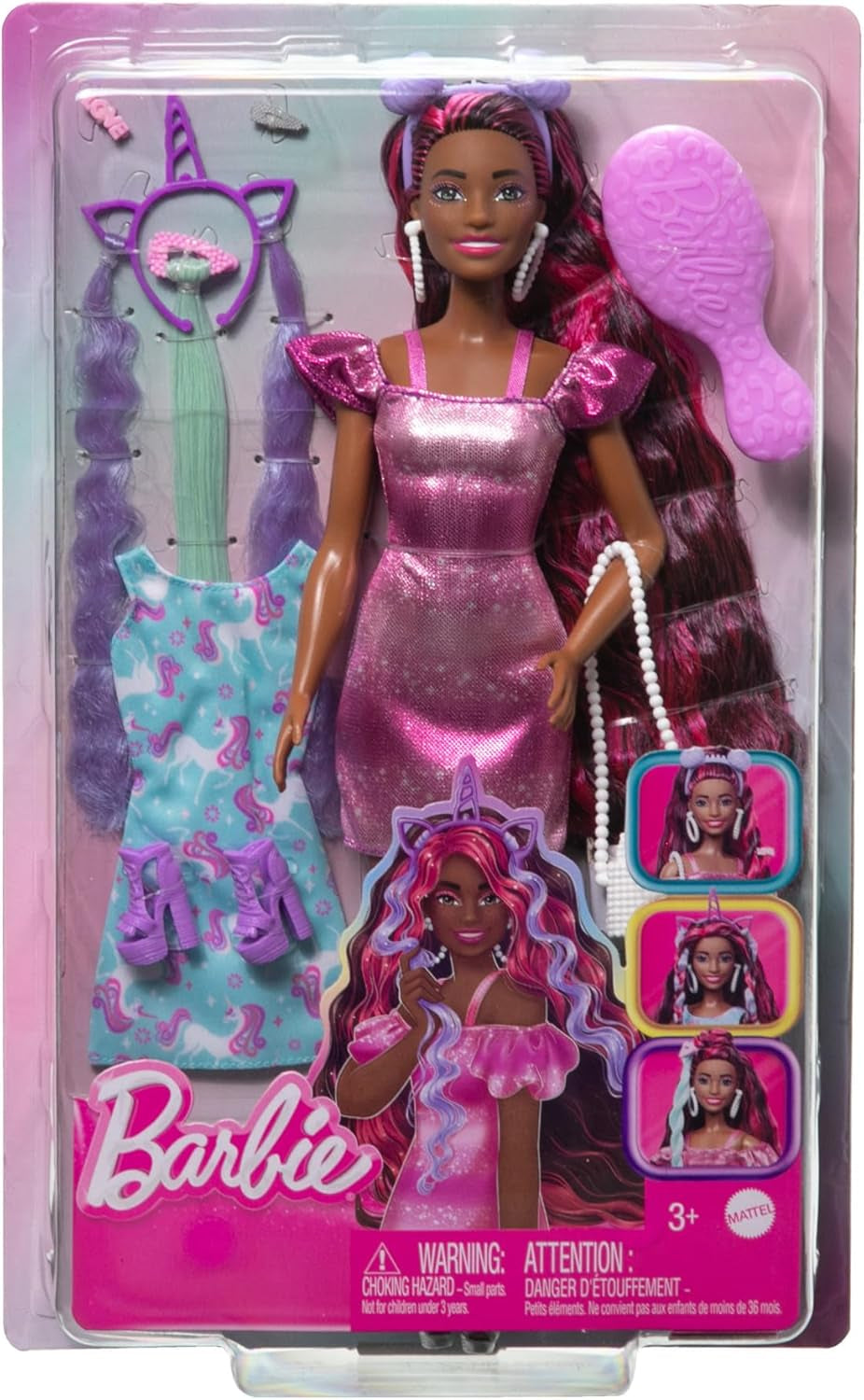 Barbie Doll Roligt Snyggt hår med extra långt färgglatt svart hår och gnistrande rosa klänning 10 frisyrer och modeaccessoarer JDC86