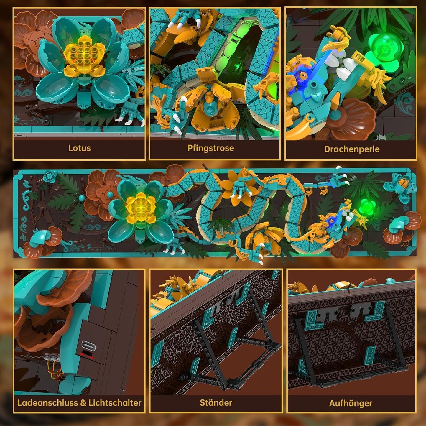 Mythical Dragon Tile Building Kit för vuxna, 3D Divine Loong Art Byggleksak med LED-lampor och blommor, DIY Dragon Relief Model Kit, kreativa presenter och dekorationer (1676 bitar)