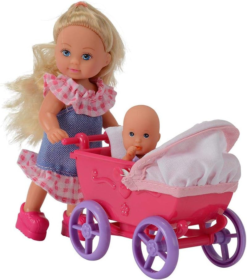 Simba 105736241 Evi Love Walk Doll 2 Diverse Evi Doll med Baby Doll med Dockvagn Inklusive tillbehör Modedocka 12cm för barn 3+