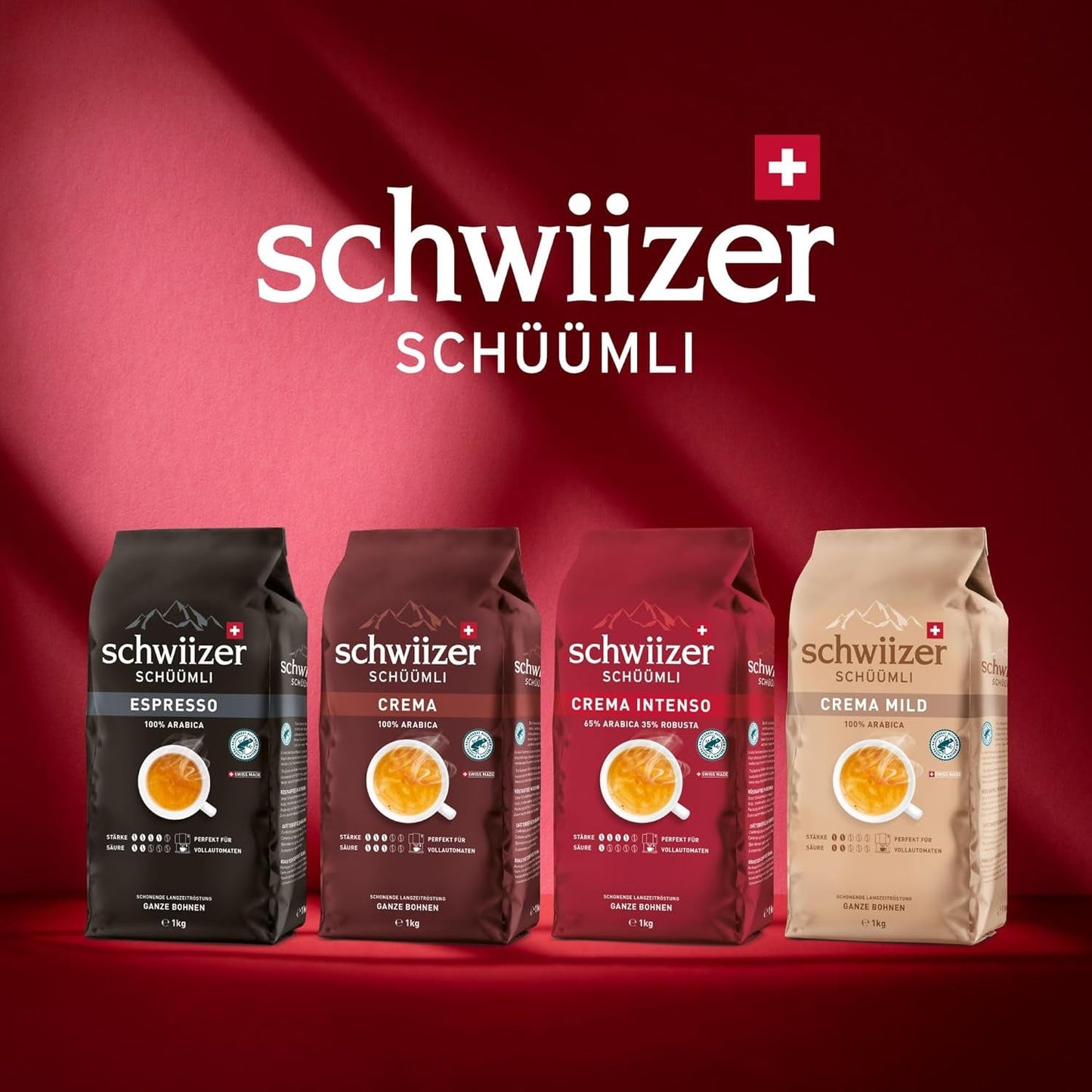 Schwiizer Schüümli Crema Mild, 100 % premium Arabica-kaffebönor, fruktiga och nötiga, för helautomatiska kaffemaskiner, 2/5 styrka, lättrostad, Rainforest Alliance-certifierad, 1 kg (förpackning med 2)