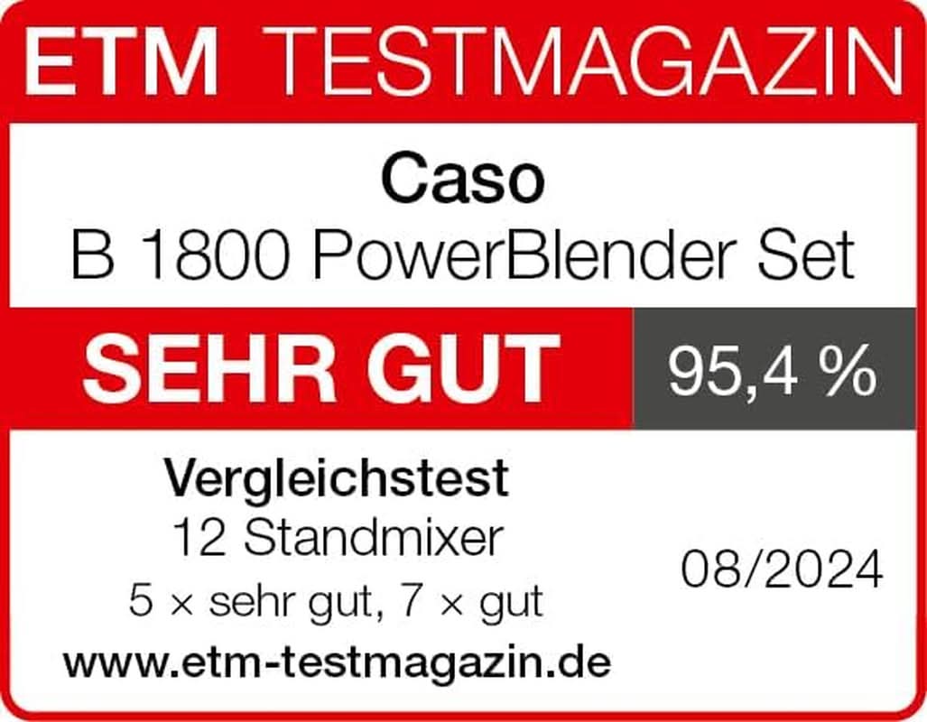 CASO B 1800 Powerblender-Set - Standmixer, 28 000 U/Min, Glasbehälter 1,75 L, Inkl. Trinkflasche Und Zerkleiner, Mixer Testsieger Mit Sehr Gut, Edelstahl Naty Shop