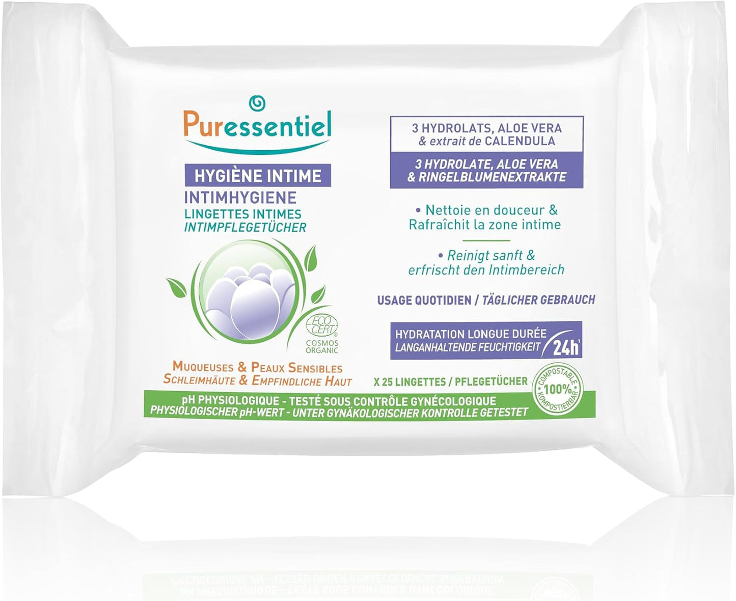Puressentiel - Intimhygien - Intimservetter - Rengörande och uppfriskande - Känsliga slemhinnor och hud - Långvarig återfuktning 24 timmar - För dagligt bruk - X25 st.