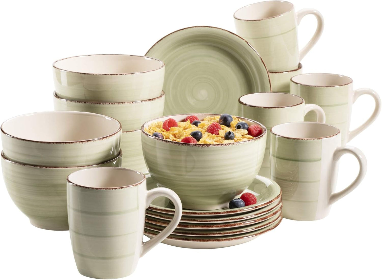 MÄSER 931490 Bel Tempo II frukostset för 6 i vintagelook, handmålad keramik, 18-delat servisset, grönt, stengods