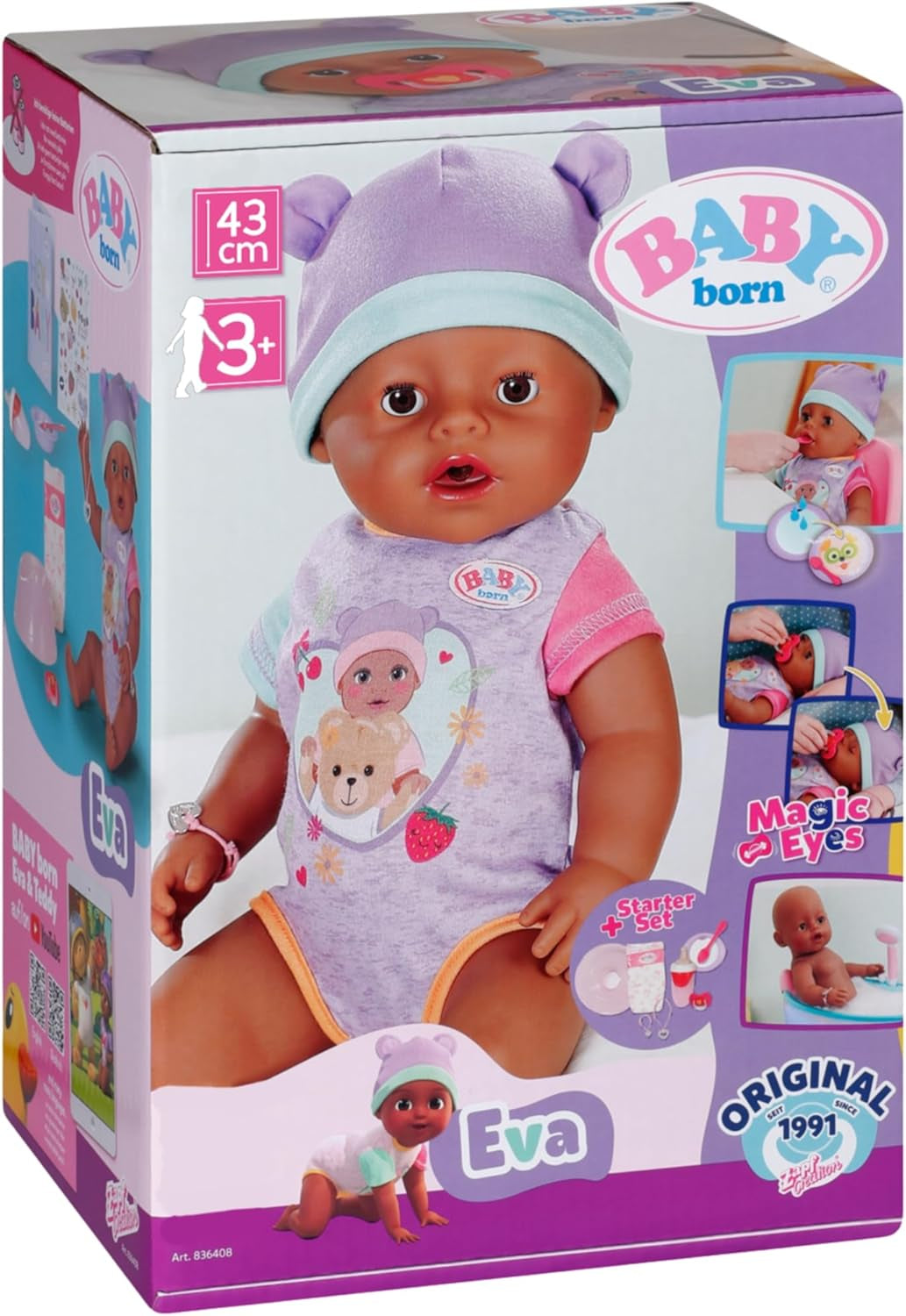 BABY Born Eva - babydocka 43 cm - 10 funktioner inklusive tillbehör och madrass - Fungerar helt utan batterier - Lämplig för barn från 3 år och uppåt