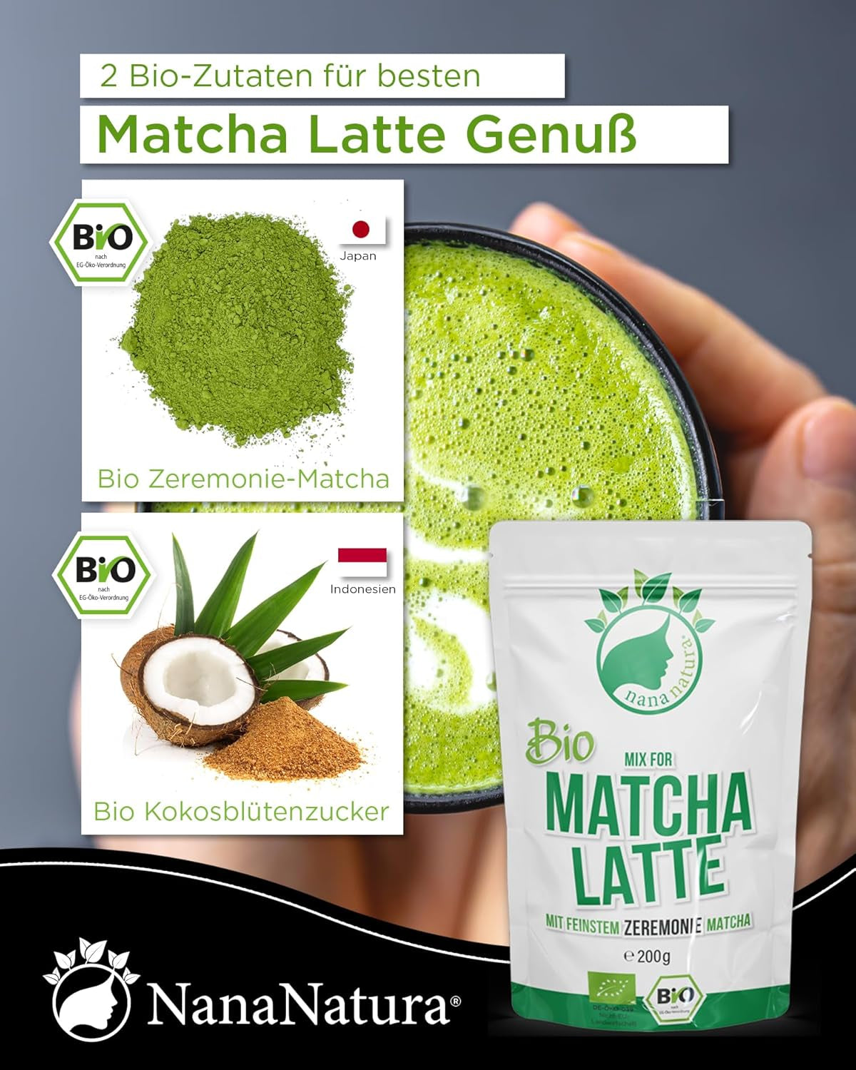 Nananatura'S Bio Matcha Latte Mix med 22 % ceremoniellt grönt tepulver från Japan | För en enkel och läcker njutning av te | Passar även till glass och bakverk