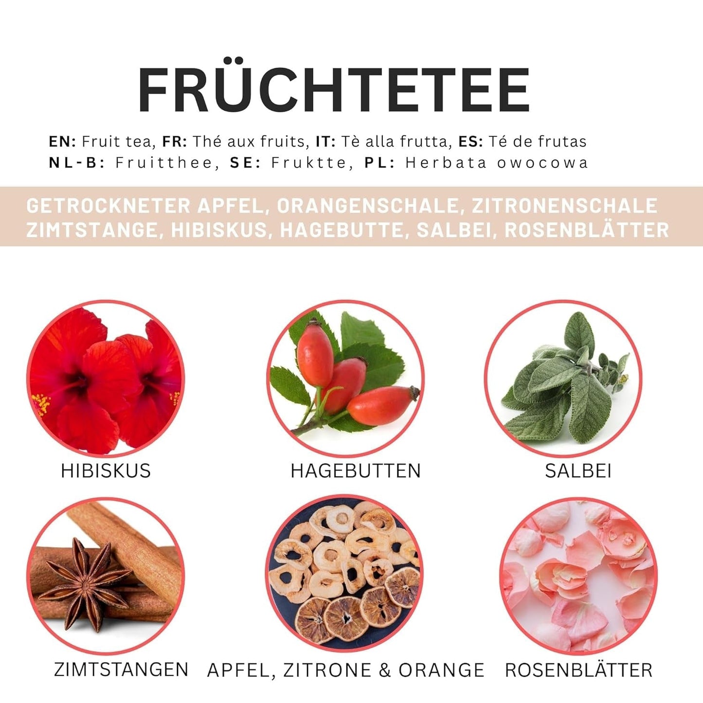 Fruktte – 100g Smaksatt fruktblandning med äpple, hibiskus och kanel – Ziplock-påse, ca. 25 koppar – Inga tillsatser, förpackad i Tyskland