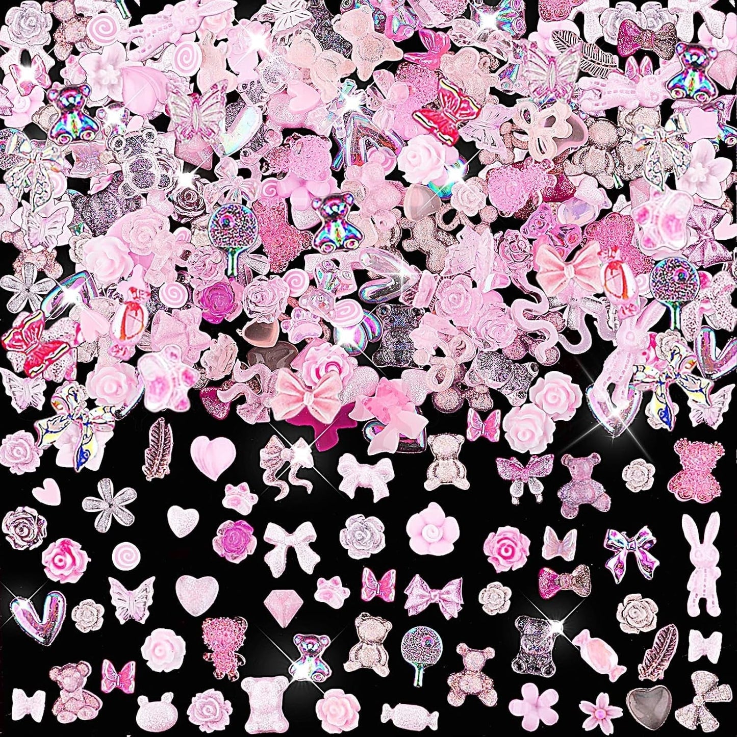 200 bitar Nail Art Charms 3D Nail Art dekorationsset Rosett Nagelhänge Rosa blandad stil Rosett Blomma Nalle Lollipop Hjärtaform Nagelkonstdekoration DIY Craft Nageldesign