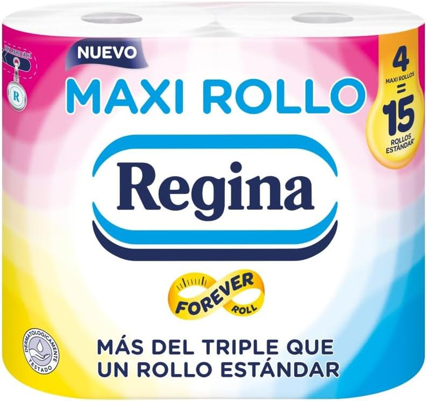 Regina Maxi Roll - 4 rullar toalettpapper, 500 2-lagers ark per rulle, mer än tre gånger en standardrulle, 60 % återvunnen plastförpackning, 100 % Fsc-certifierat papper
