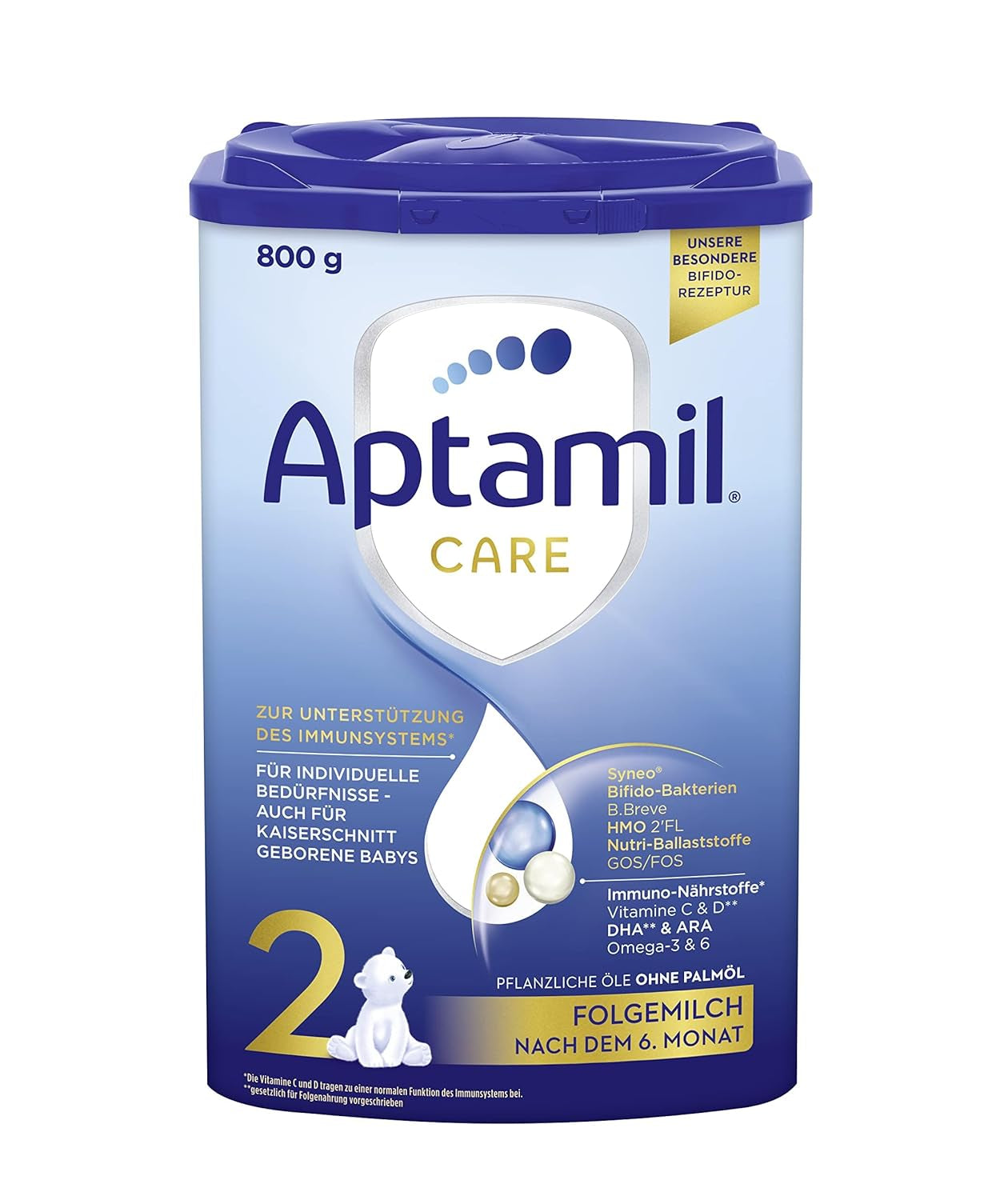 Aptamil Care 2 - Tillskottsmjölk efter 6 månader, med Omega 3 och 6, DHA och ARA, palmoljefri, barnmat, mjölkpulver, 1 x 800 g (pack med 6)