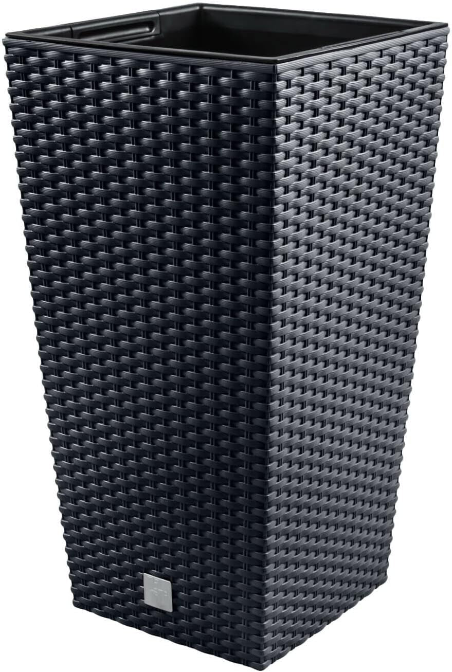 Prosperplast krukor/krukor i rottinglook med insats | 26,5 x 26,5 x 50 cm | antracit | väder- och UV-beständig | gjord av robust plast | för interiör och exteriör