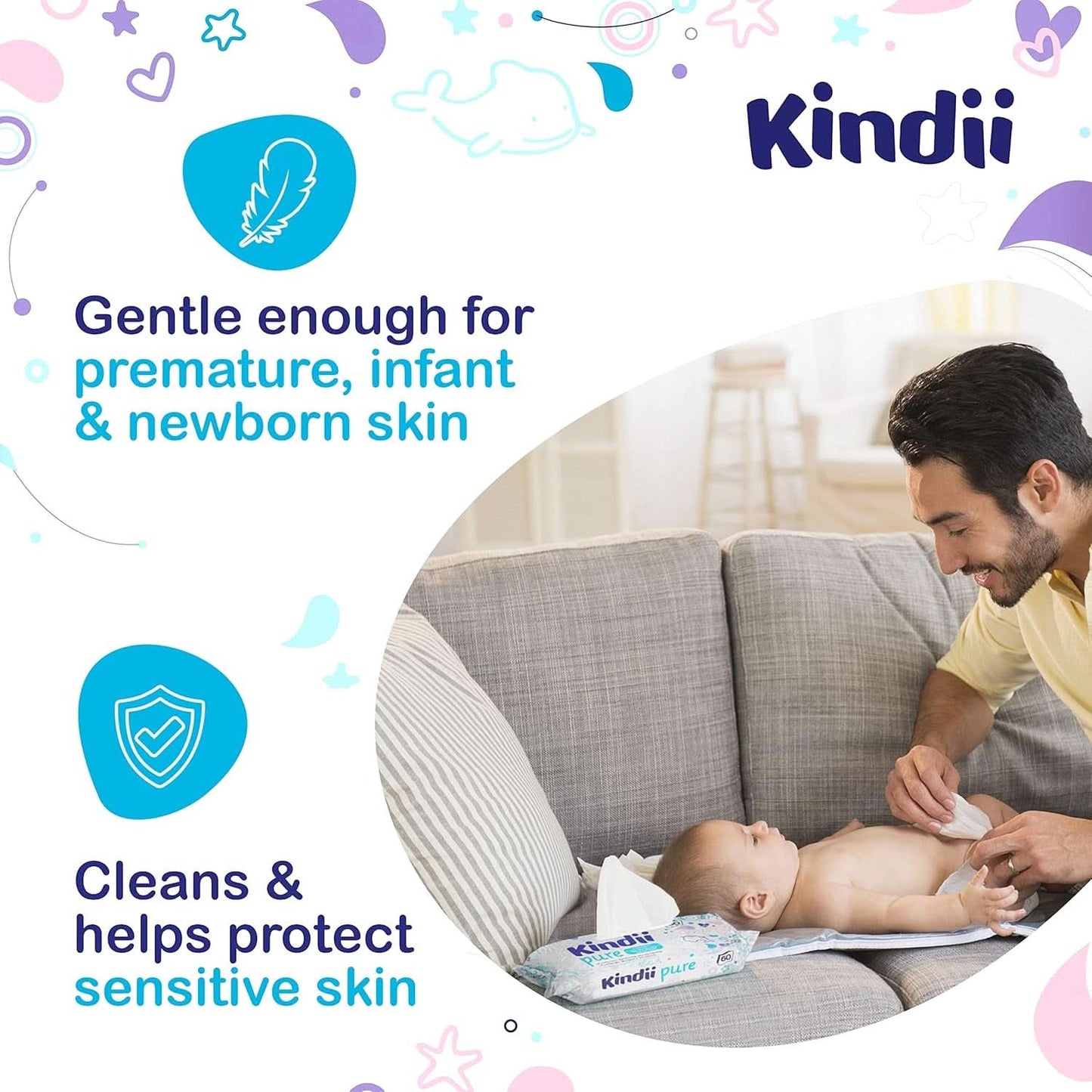 Kindii Feuchttücher Für Babies Und Kinder Pure Water 99% - 99%Ige Zusammenzeit Auf Wasserbasis - Allantoin - Unparfümiert - Dermatologisch Getestet - Für Empfindliche Haut - 720 Stück - 12X60 Stück Naty Shop