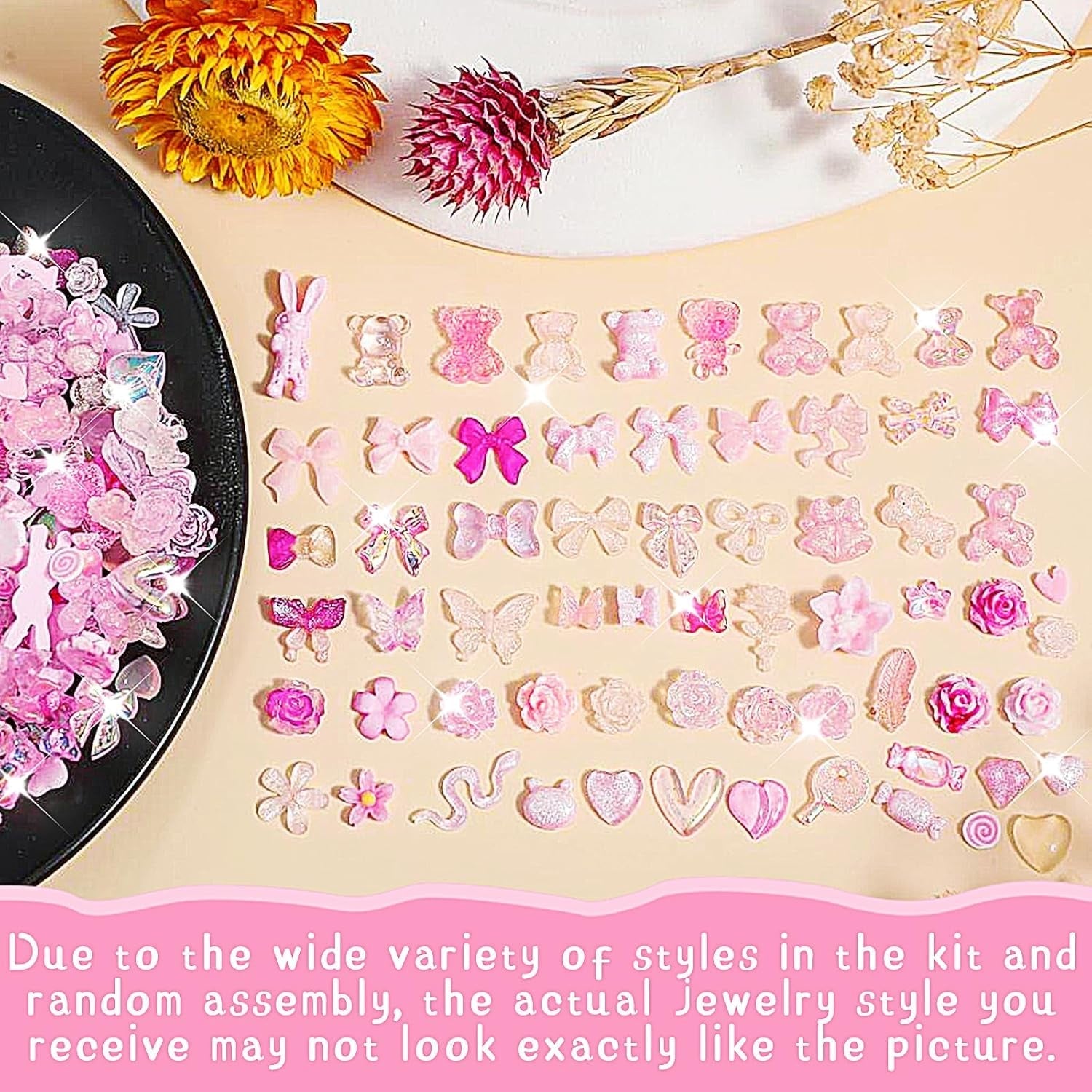 200 bitar Nail Art Charms 3D Nail Art dekorationsset Rosett Nagelhänge Rosa blandad stil Rosett Blomma Nalle Lollipop Hjärtaform Nagelkonstdekoration DIY Craft Nageldesign
