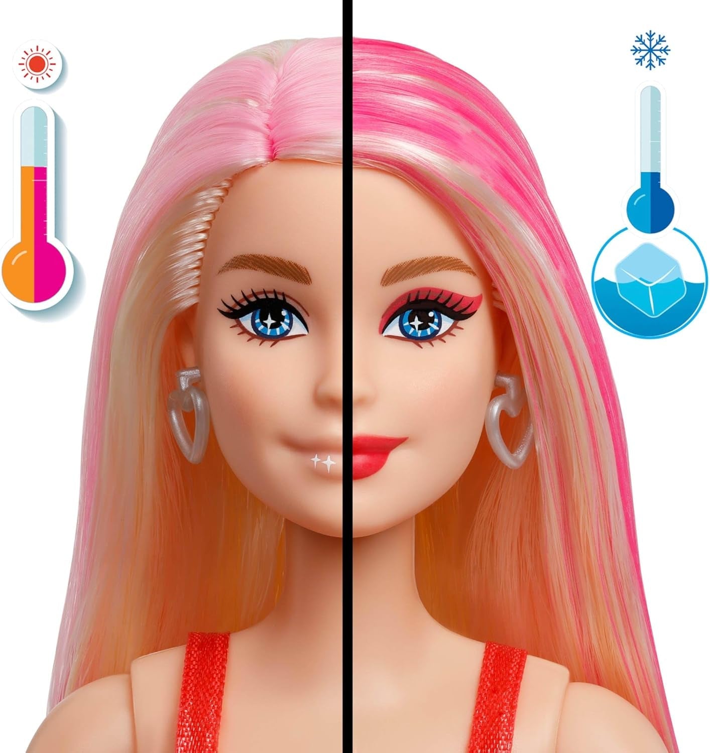Barbie Partydocka utan låda och tillbehör, Glam Party-serie med 10 överraskningar, inklusive en knallröd docka med färgskiftande effekt, JFY68