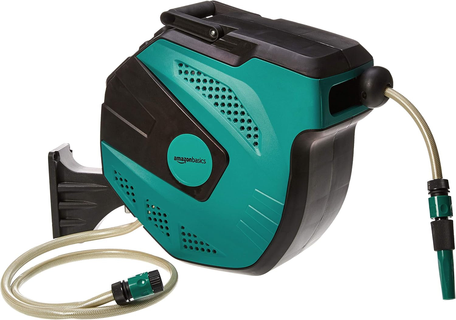 Amazon Basics Väggmonterad slangrulle med slang, självlindande, 15 m, maringrön, svart