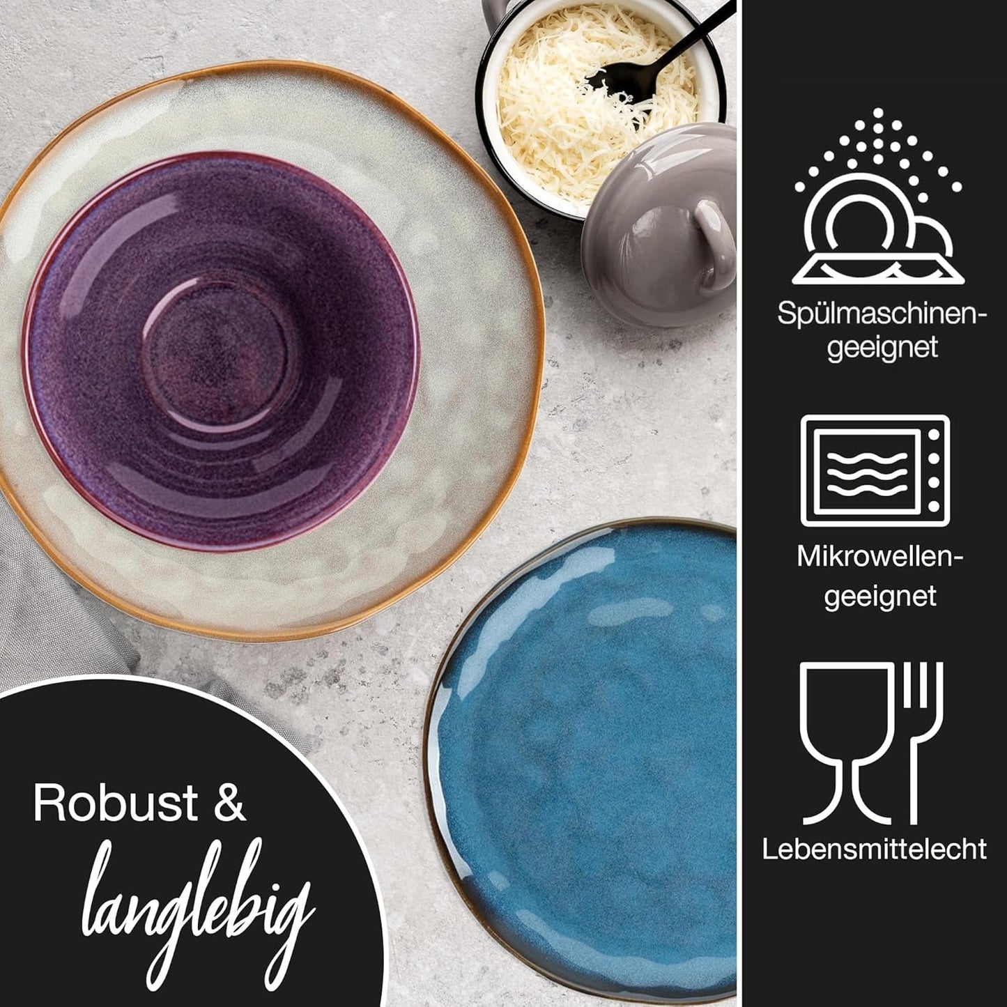 Moritz & Moritz COPA 16-tlg Geschirrset 4 Personen - Elegantes Teller Set från hohrstandigem Steinzeug - Geschirr Set 4 Personen från je 4x Dinnerteller, Dessertteller, Müslischale & Kaffeebecher