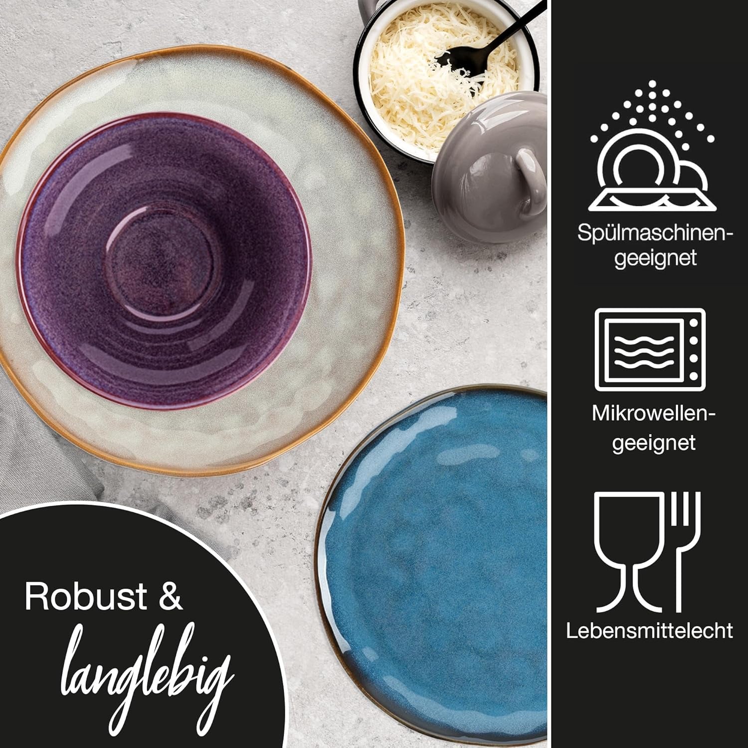 Moritz & Moritz COPA 16-tlg Geschirrset 4 Personen - Elegantes Teller Set från hohrstandigem Steinzeug - Geschirr Set 4 Personen från je 4x Dinnerteller, Dessertteller, Müslischale & Kaffeebecher