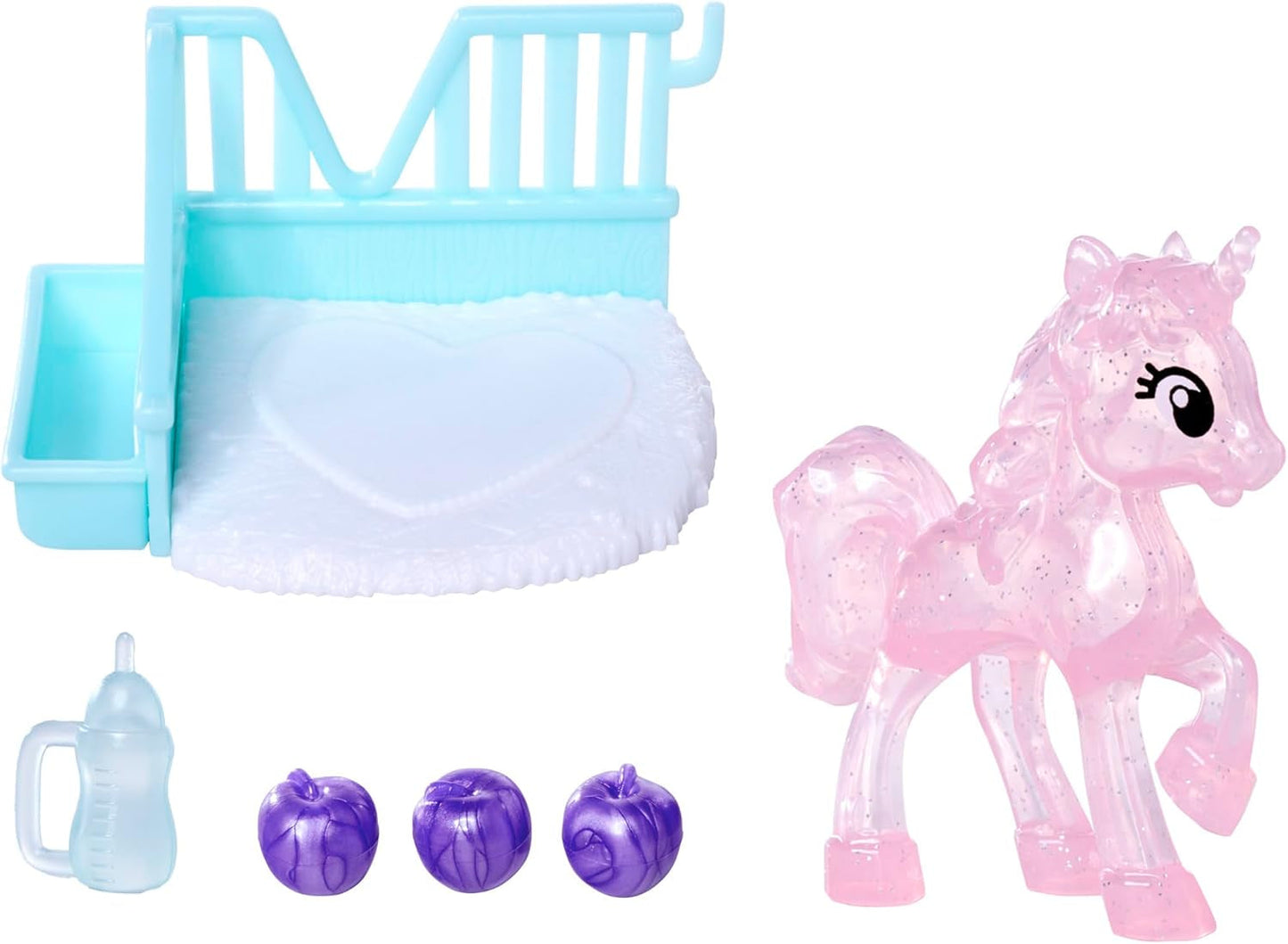 Simba Evi Love Unicorn Play Doll bär en söt enhörningsklänning med matchande pannband, inklusive en enhörning med stall, äpplen och en dricksflaska, 12 cm, i åldern 3+