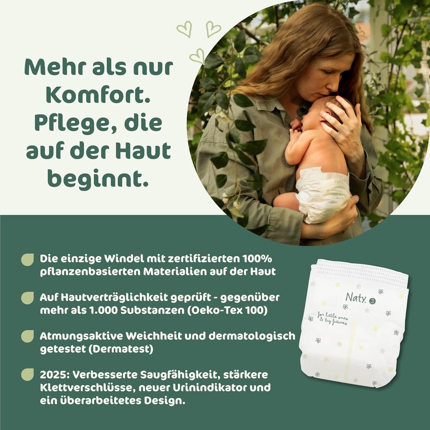 Naty BioEmbrace babyblöjor, storlek 3 (4–9 kg) | 100 % växtbaserade material, skonsamma mot huden | Andas mjukhet, dermatologiskt testad, utmärkt absorption | 100 st.