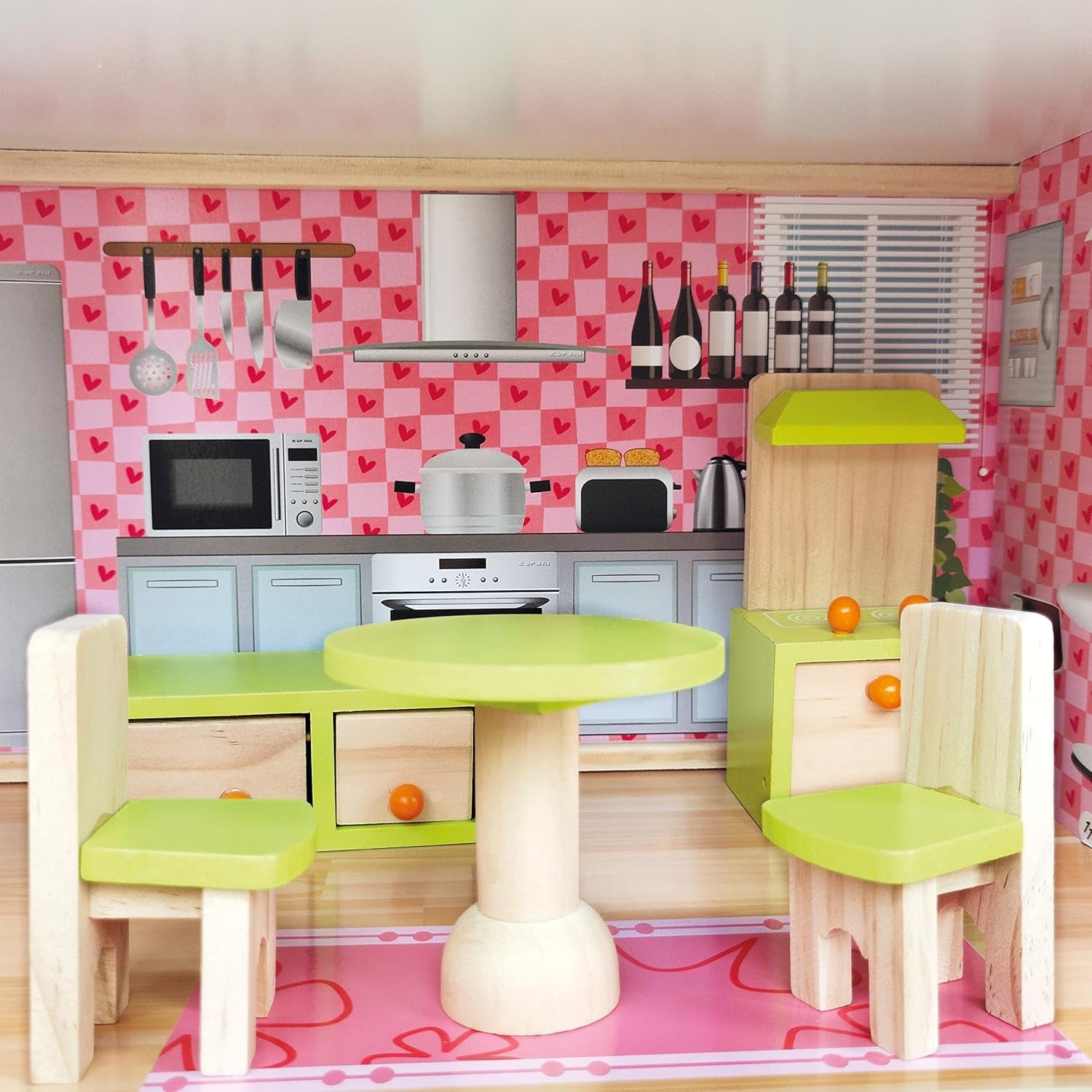 Bino World of Toys Dockhus med balkong, Leksak för småbarn från 3 år, med 3 våningar, trappor, 4 rum och balkong inkl. 15-TLG. Tillbehör, För att främja barns färdigheter, Rosa design Naty Shop dockskåp