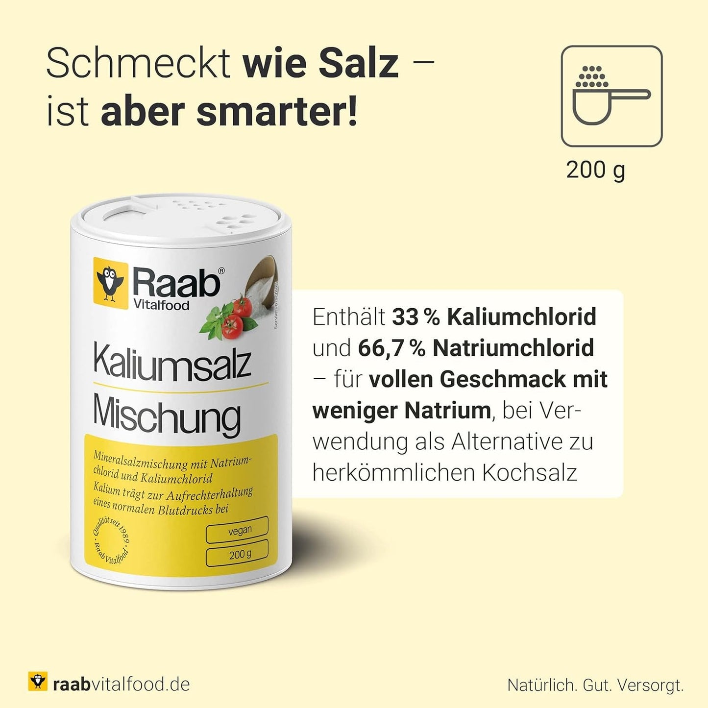 Raab Vitalfood Kalium salt-Mischung, Mineralsalzmischung med 66,7% Natriumchlorid (Kochsalz) och 33% Kaliumchlorid, Kalium trägt zur Aufrechterhaltung eines normalen Blutdruck bei (1 x 200 g Dos)
