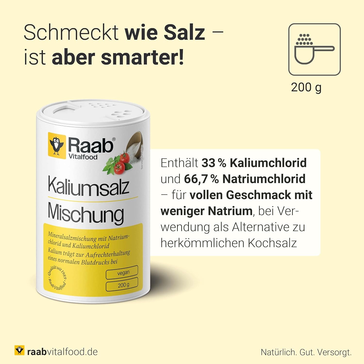 Raab Vitalfood Kalium salt-Mischung, Mineralsalzmischung med 66,7% Natriumchlorid (Kochsalz) och 33% Kaliumchlorid, Kalium trägt zur Aufrechterhaltung eines normalen Blutdruck bei (1 x 200 g Dos)