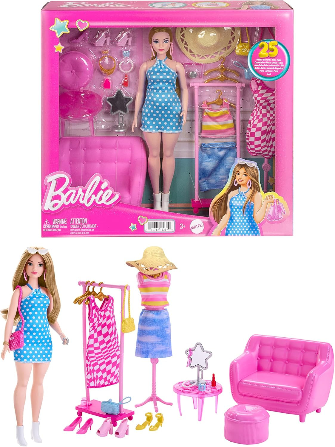 Barbie-modedockor och garderobsset med kläder, accessoarer och salongsmöbler, långvarigt frisörnöje för barn från 3 år och uppåt, HPL78