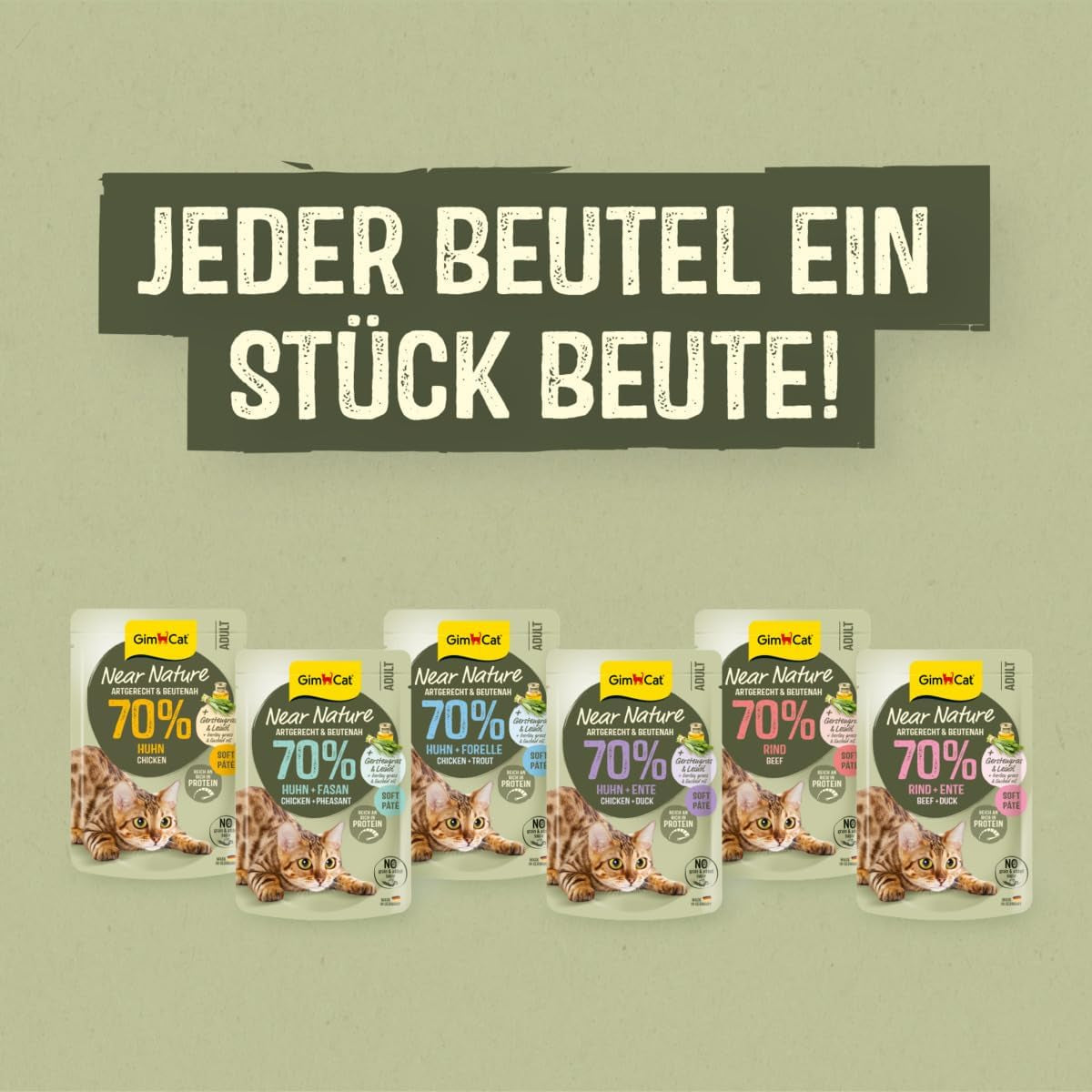 GimCat Near Nature Trial Mix 12-pack - Våtkornsfritt foder för katter från 7 månader med ett lämpligt och bytesspecifikt recept - 12 påsar (12 x 85g)