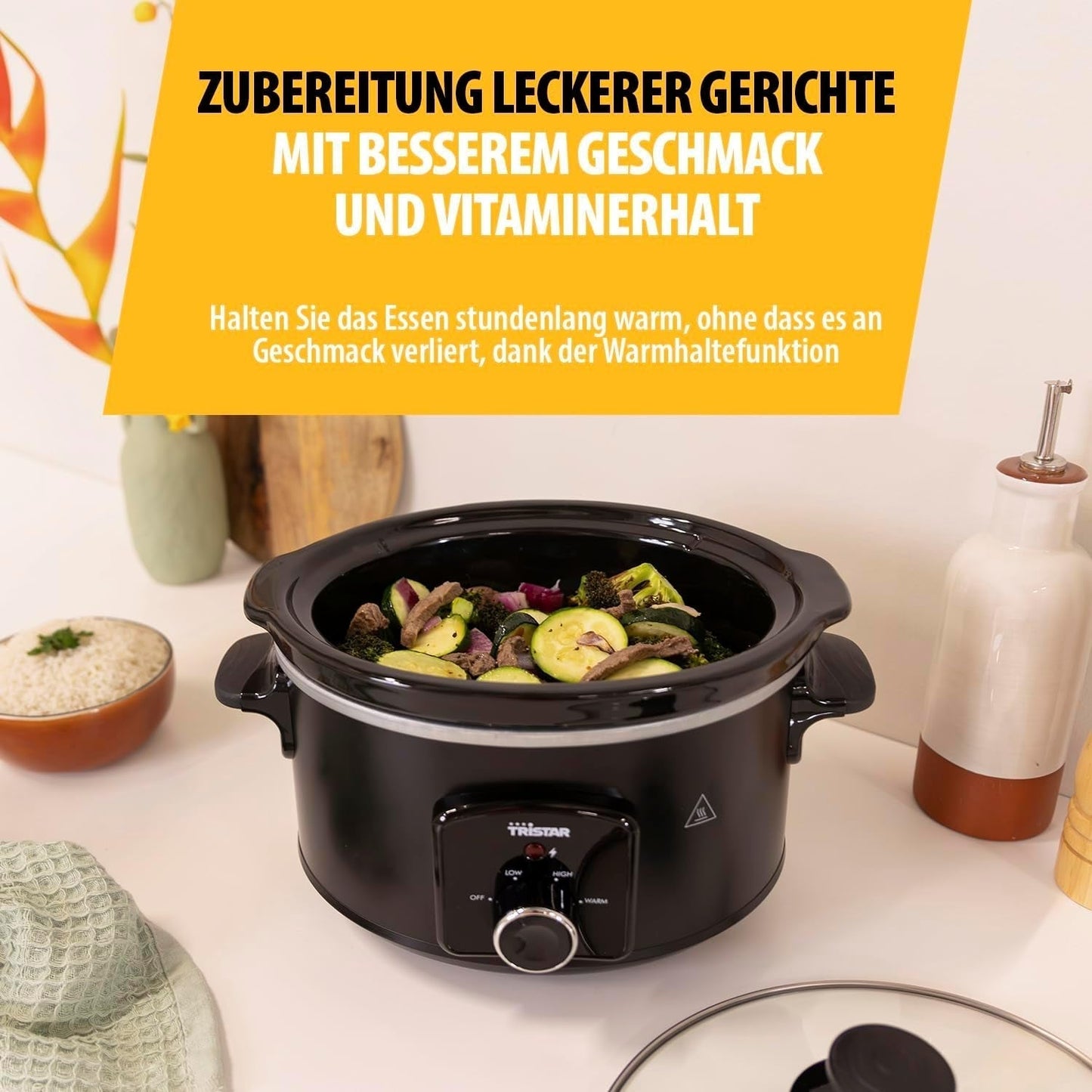 Tristar VS-3915 slowcooker, keramikgryta i rostfritt stål med 2 värmeinställningar och varmhållningsfunktion, 3,5 L Slow Cooker Naty Shop