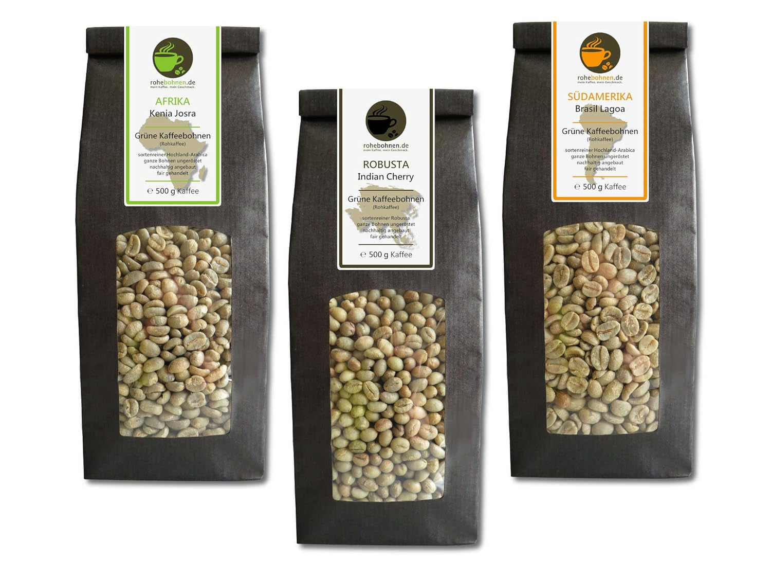 Råkaffe - Grönt kaffe Kenya, Indien, Brasilien (reducerat paket gröna kaffebönor 3x500g) - GMP-certifikat