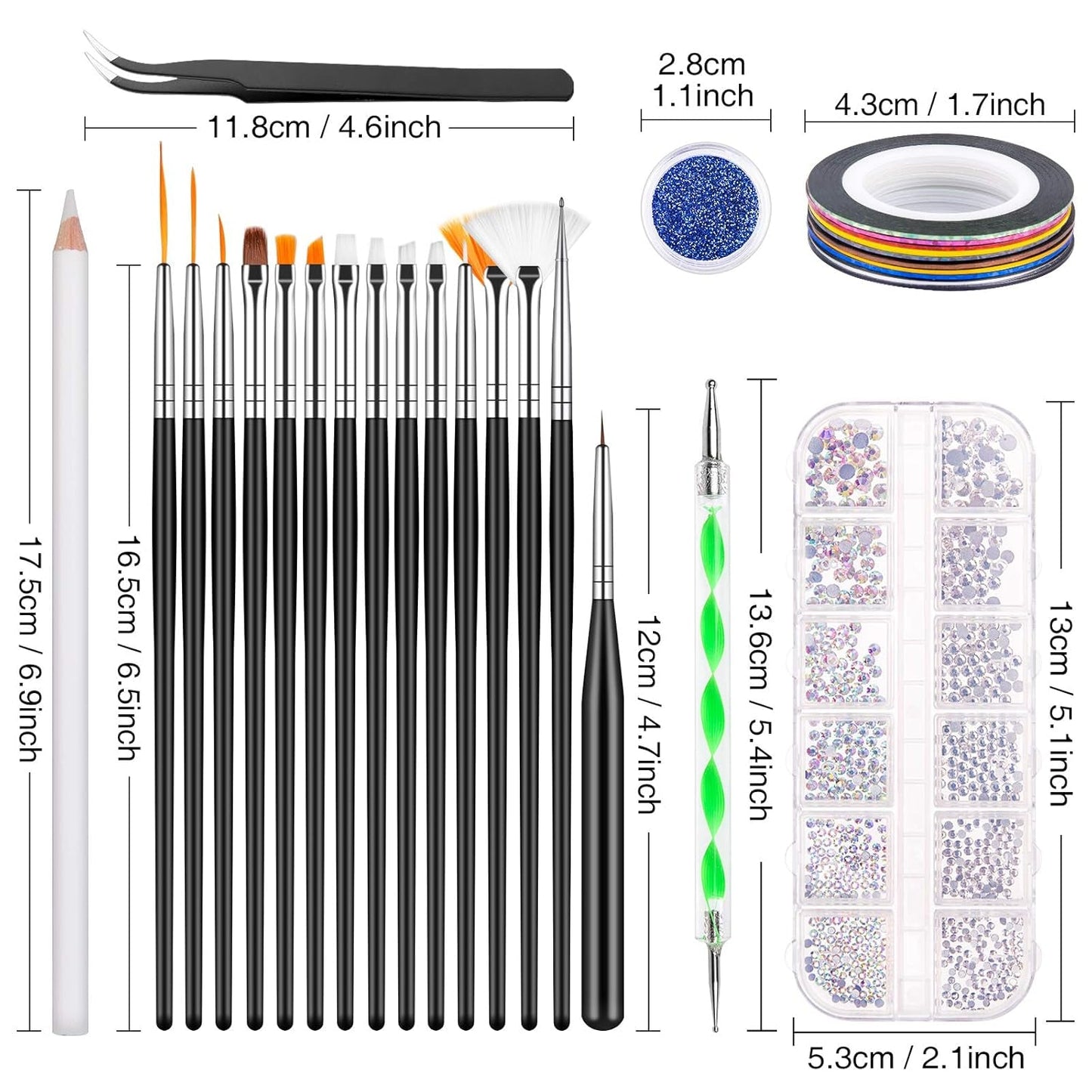MELLIEX 45 Stück Nail Art Dekoration Zubehör Set, Nägel Pinsel Strasssteine ​​Glitzer Goldfolie Nageldesign Dotted Pen Streifenband Für Nagelkunst Maniküre Set