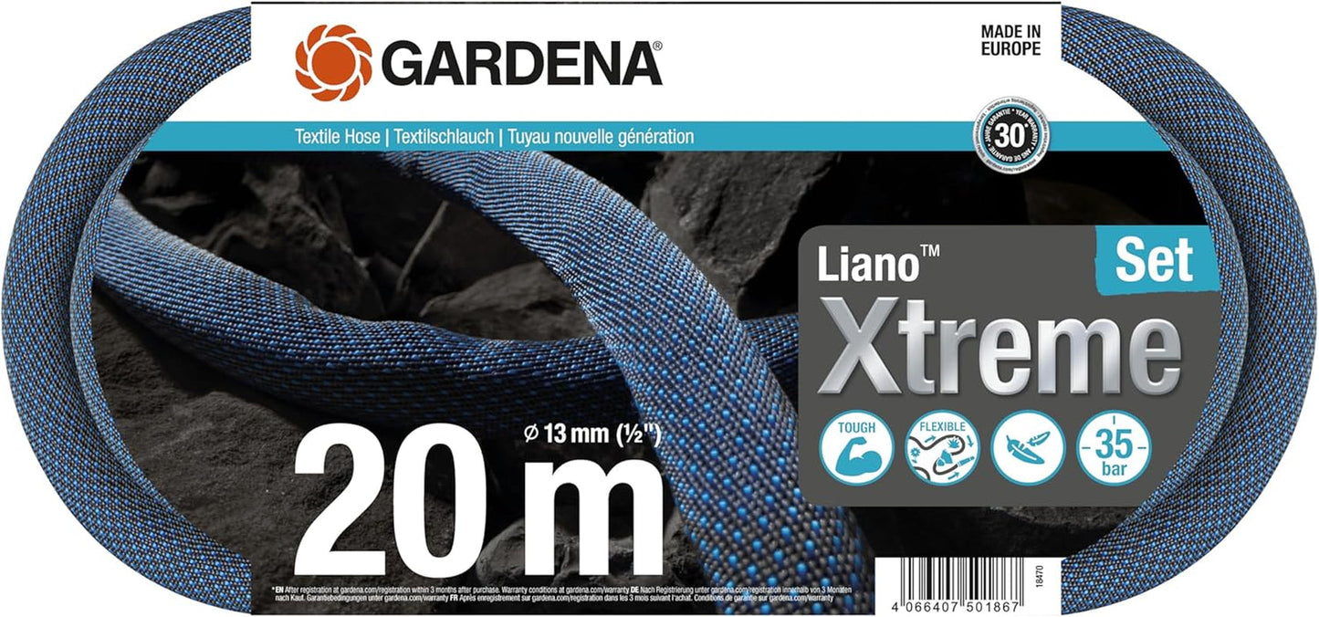 Gardena Liano Xtreme 1/2 tum 20 m set: Extremt robust trädgårdsslang i textil med lätt, väderbeständig PVC-innerslang (18470-20)