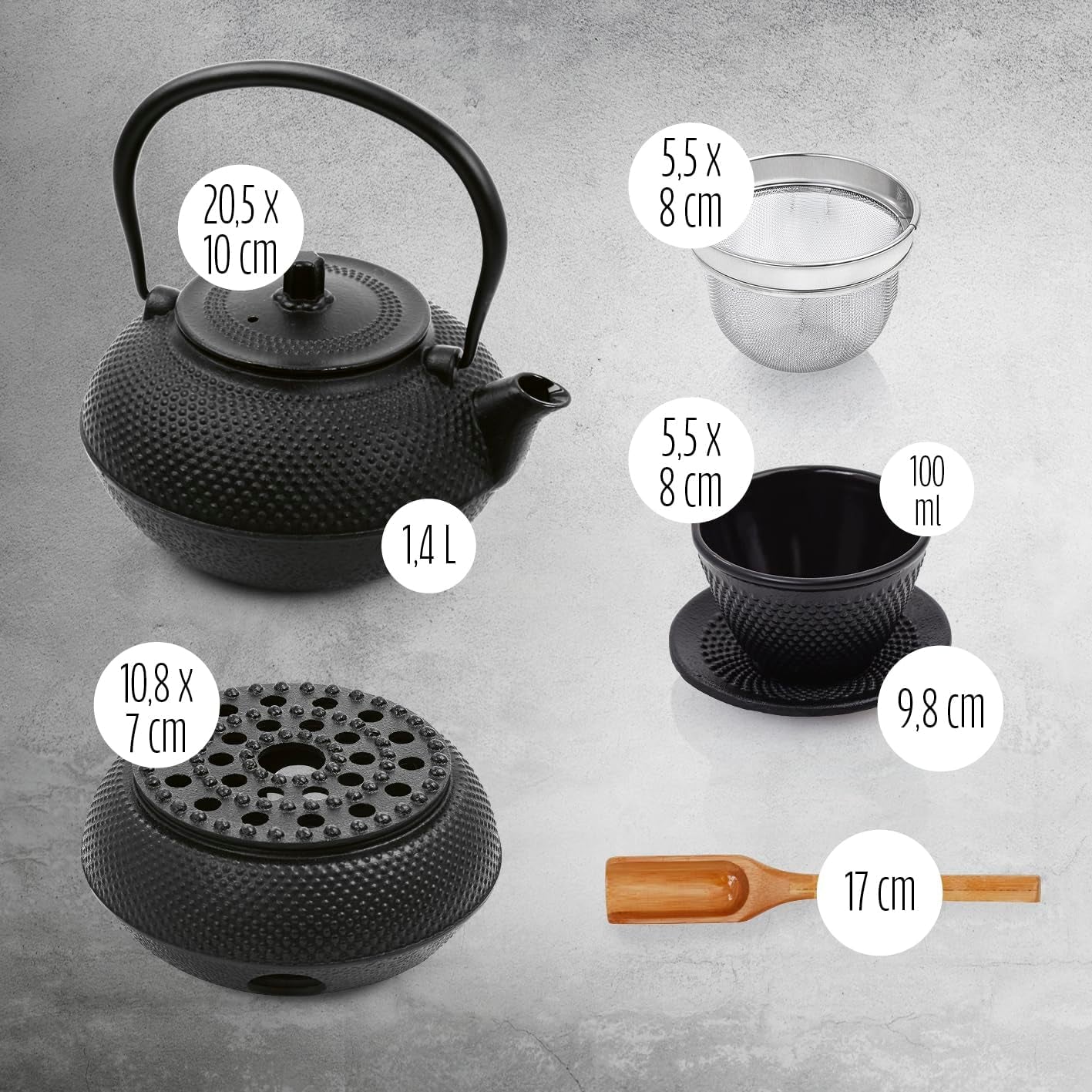 Lumaland 8 delar teservis | 1,4 liter Tetsubin gjutjärn tekanna | Gjutjärnsvärmare | 2 tekoppar och 2 fat | Japanskt teservis inklusive mätsked av bambu och infusionsanordning i rostfritt stål