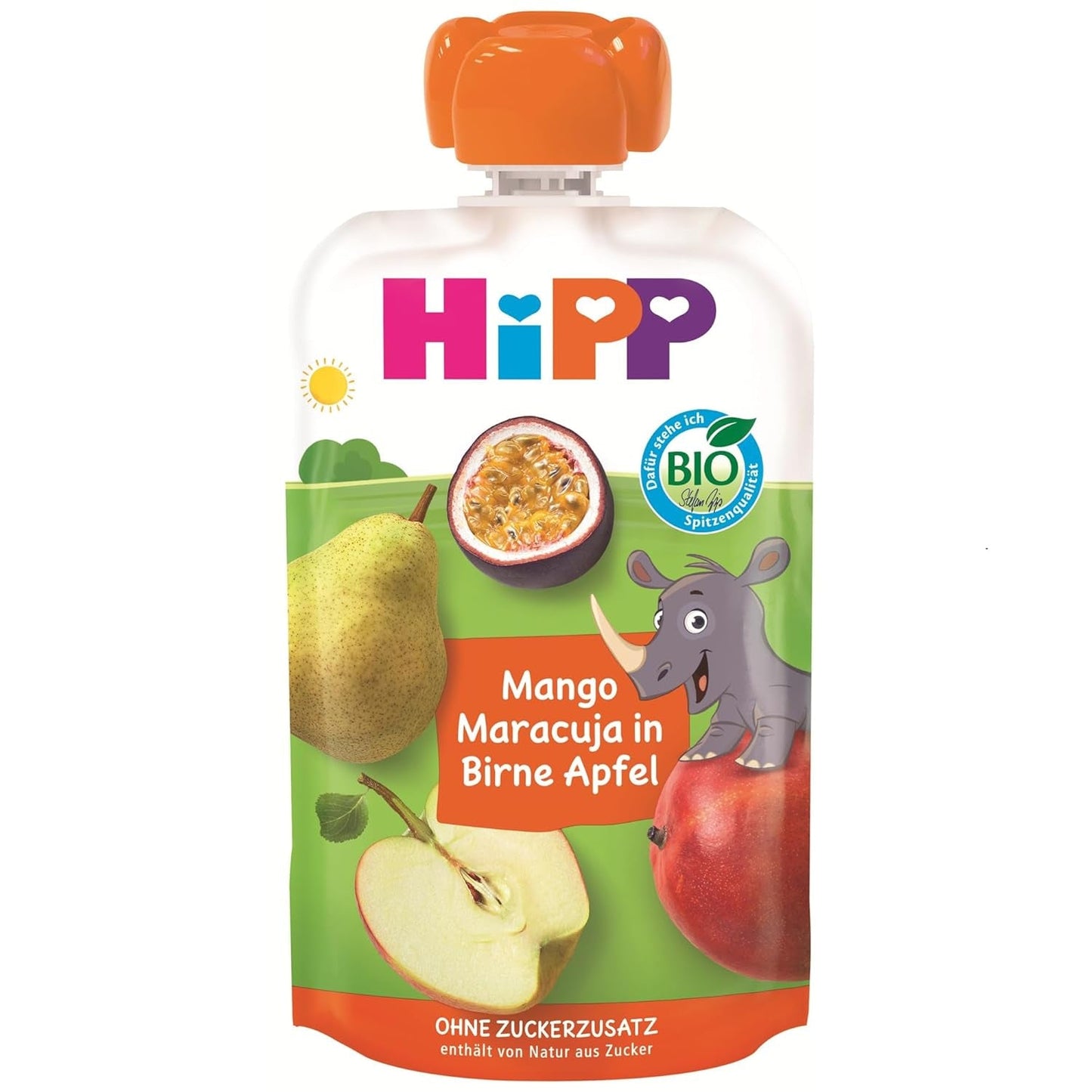 Påsar HiPP Organic Mango-Passion Fruit i Päron Äppelsmak - Nick Rhino (8 x 100g), från 1 år, 100% fruktpuré, utan tillsatt socker, vegan, bästa ekologiska kvalitet